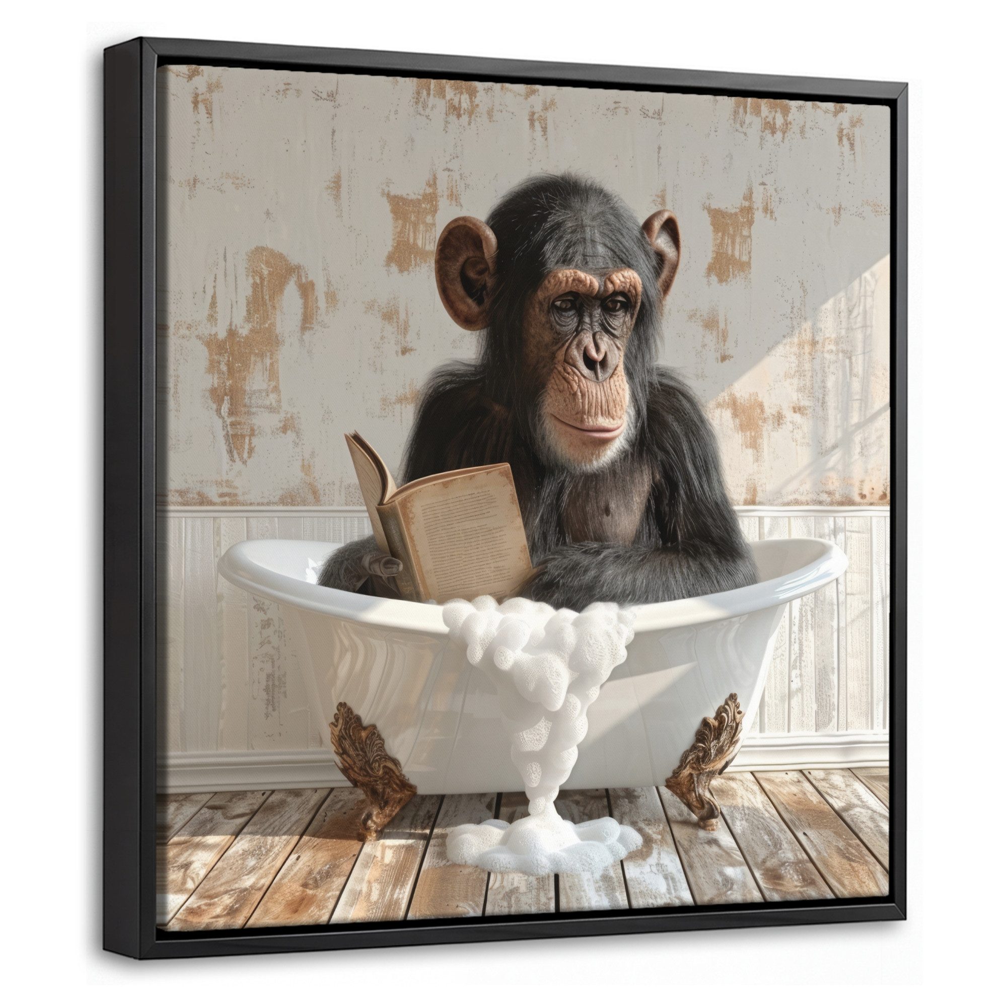 OneMillionCanvasses® Leinwandbild mit Rahmen - Vintage - Affe - Badewanne - Schaumstoff - Tier, Fotodruck (1 St), Leinwand Bilder Klein, Wand Dekoration Aesthetic 20x20cm