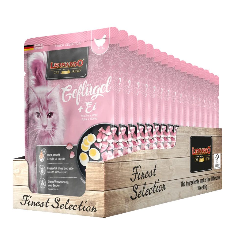 Leonardo Catfood Geflügel & Ei - getreidefreies Nassfutter mit fettarmen Geflügel 16x85g, Nassfutter für: Katzen