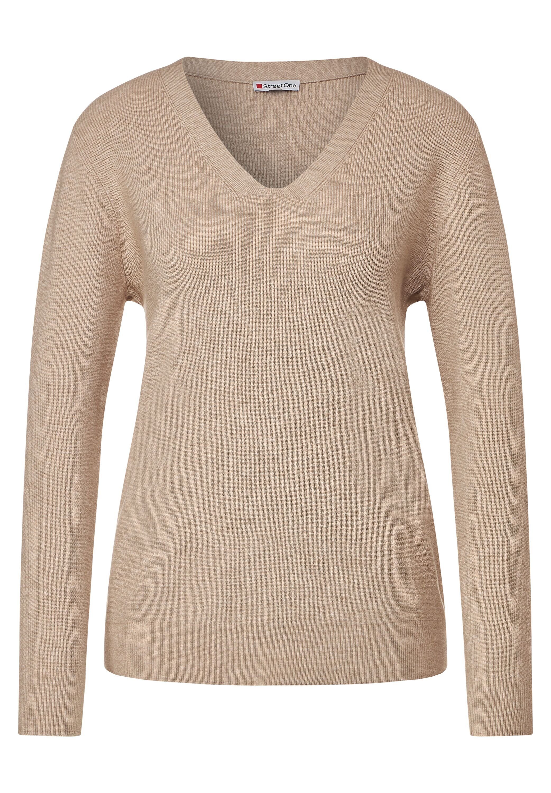 melange V-Ausschnitt-Pullover ONE STREET in bleached sand Unifarbe