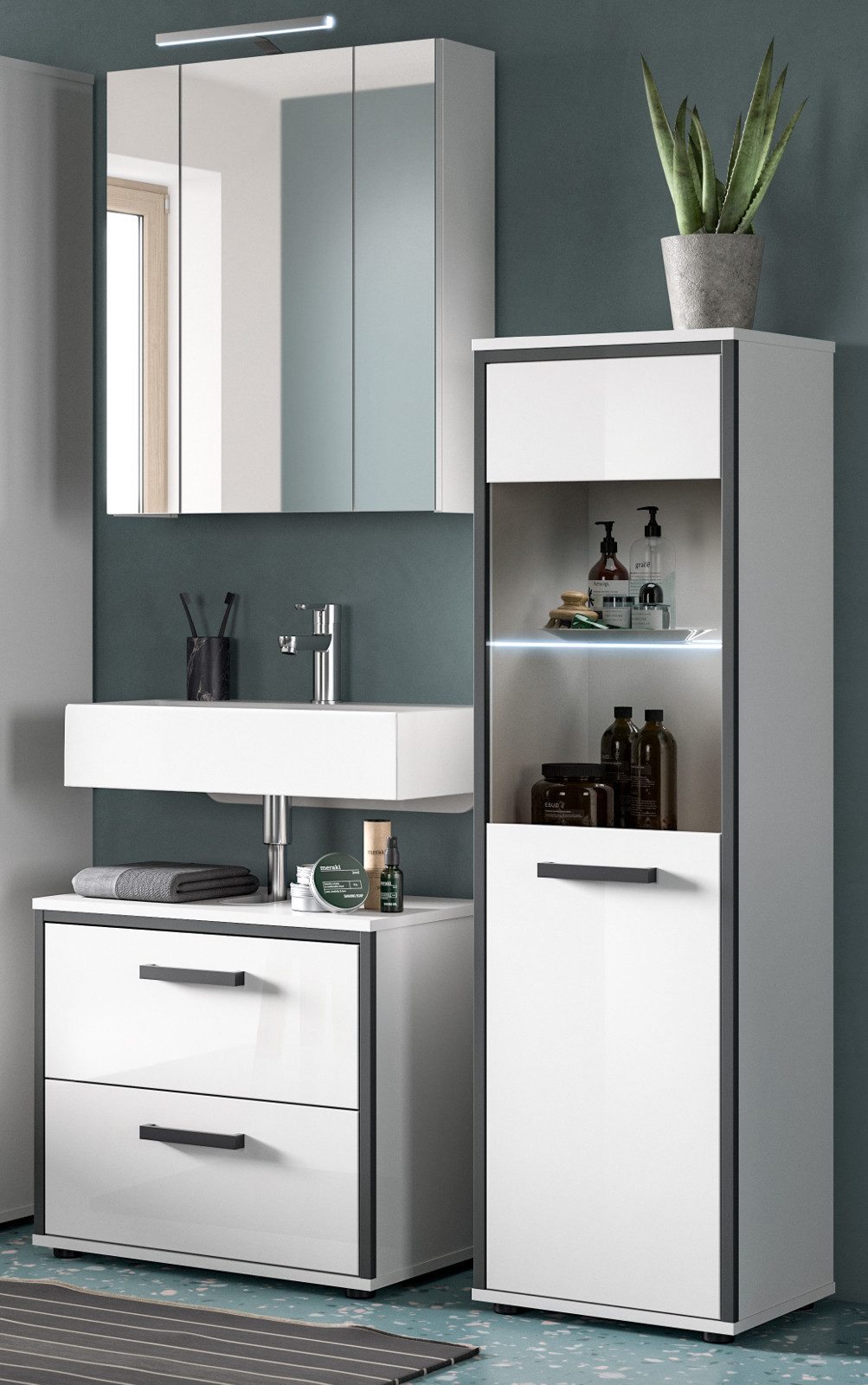 Inn.Furn Badmöbel-Set Telly, (Badezimmer in Weiß Hochglanz mit grau, Set 3-teilig, 115 x 190 cm), mit viel Stauraum