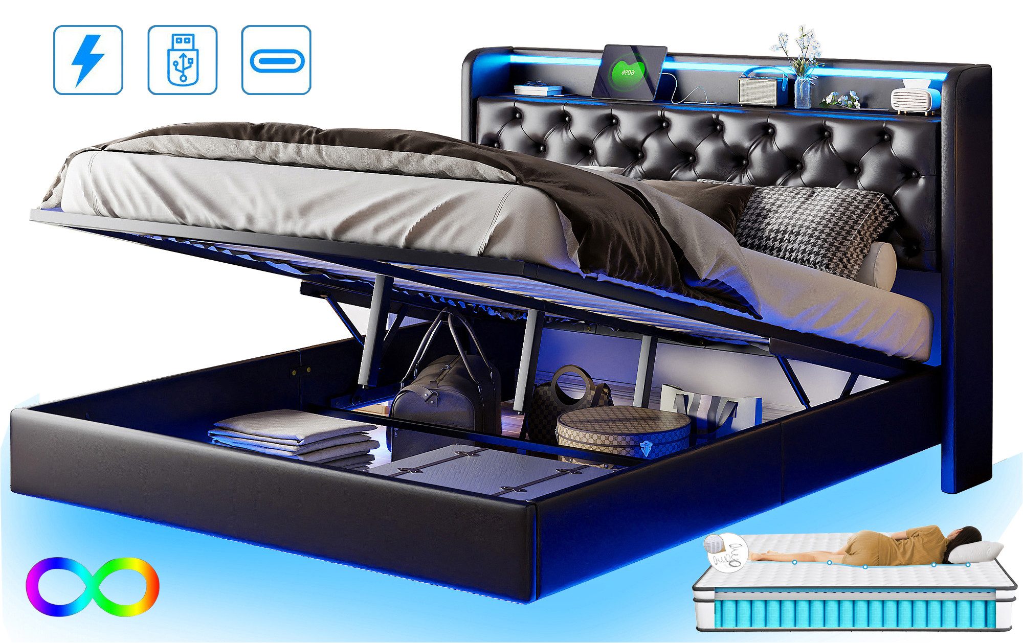 FUROKOY Polsterbett Doppelbett Stauraumbett mit Hydraulisch günstig online kaufen