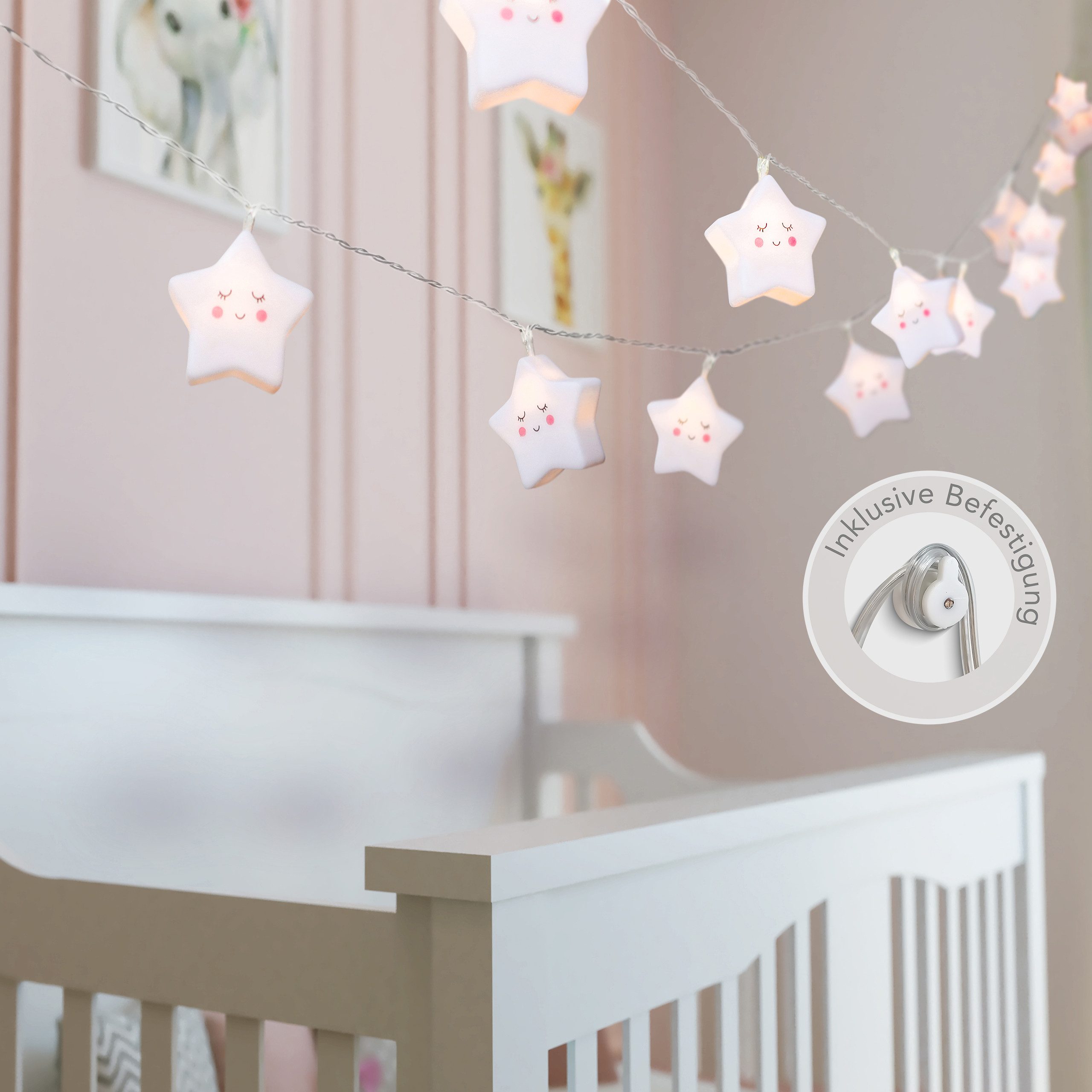 COZY HOME LED-Lichterkette Sternen Batterie und Stecker, 20 LED I 5m I Warmweiße LED-Stern Lichterkette I Kinderbett Bunt Deko