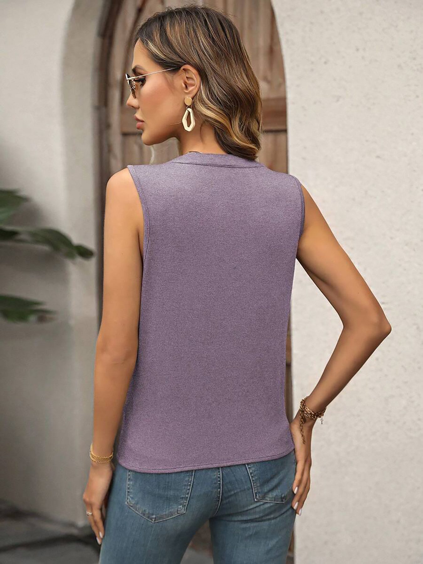 DEBAIJIA Kurzweste Damen Tank Top Plissee V-Ausschnitt Ärmellos T-Shirt Sommer Elegant – Bild 4 von 5