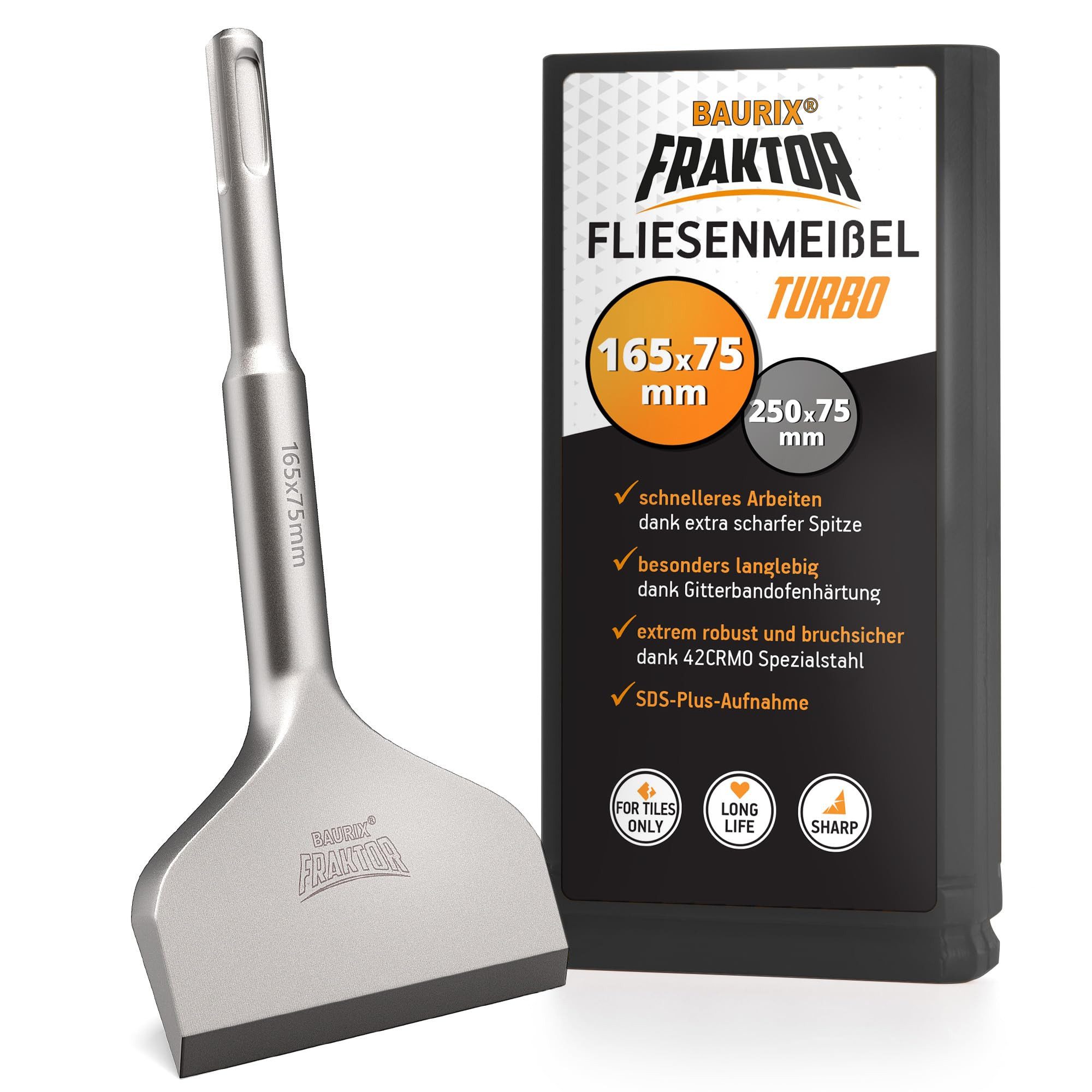 BAURIX Flachmeißel SDS Plus Meißel I FRAKTOR®-System - Mühelos Fliesen entfernen, 165 in mm, für SDS Plus, (Abgewinkelter Flachmeißel breit für Fliesen und Fliesenkleber) I 42CrMo-Spezialstahl