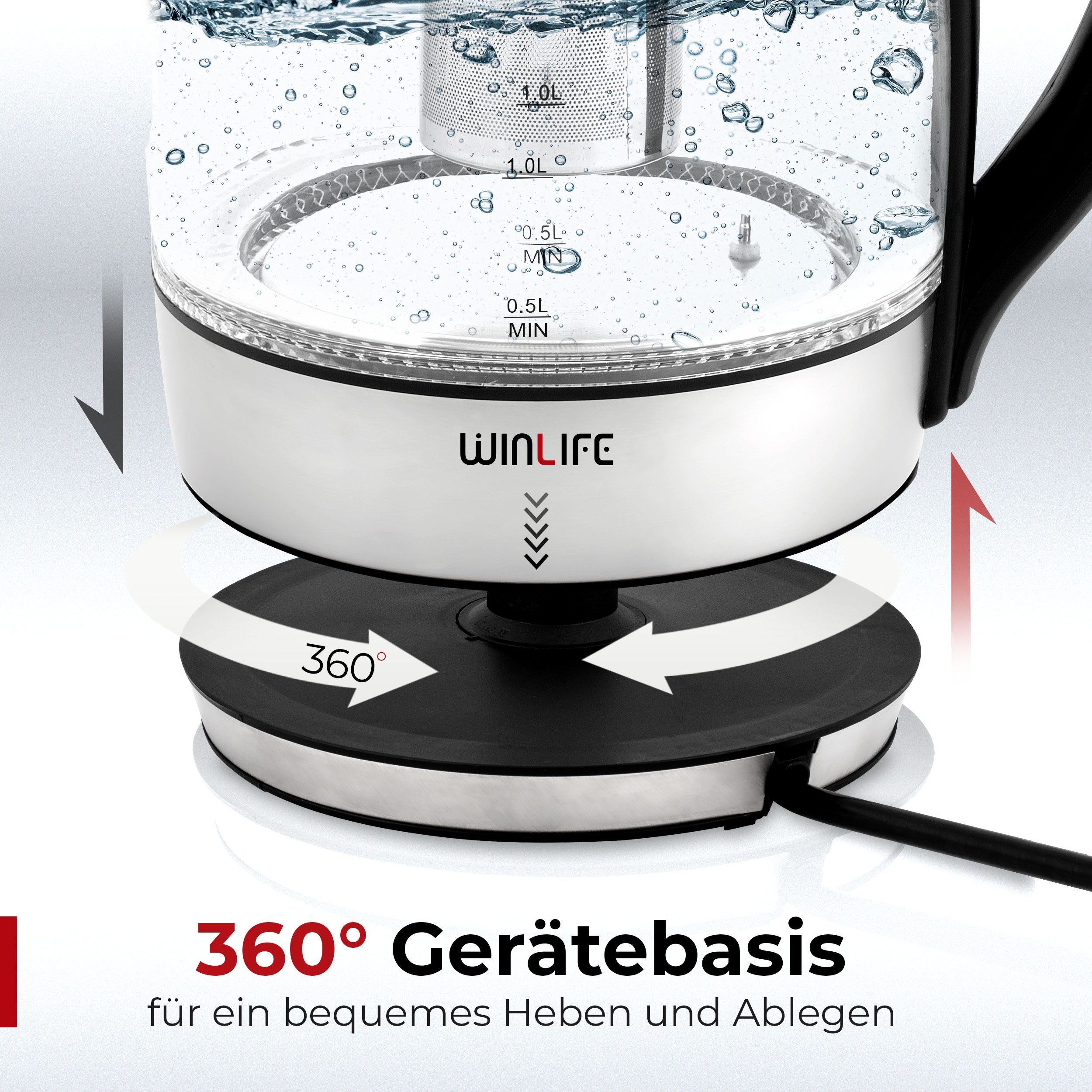 WINLIFE Wasserkocher Glaswasserkocher 1,8L Temperatureinstellung Temperaturwahl 60-100°C, 1.8 l, 2200.00 W, Glas Wasserkocher 2200 Watt mit LED-Temperaturanzeige & Teesiebeinsatz