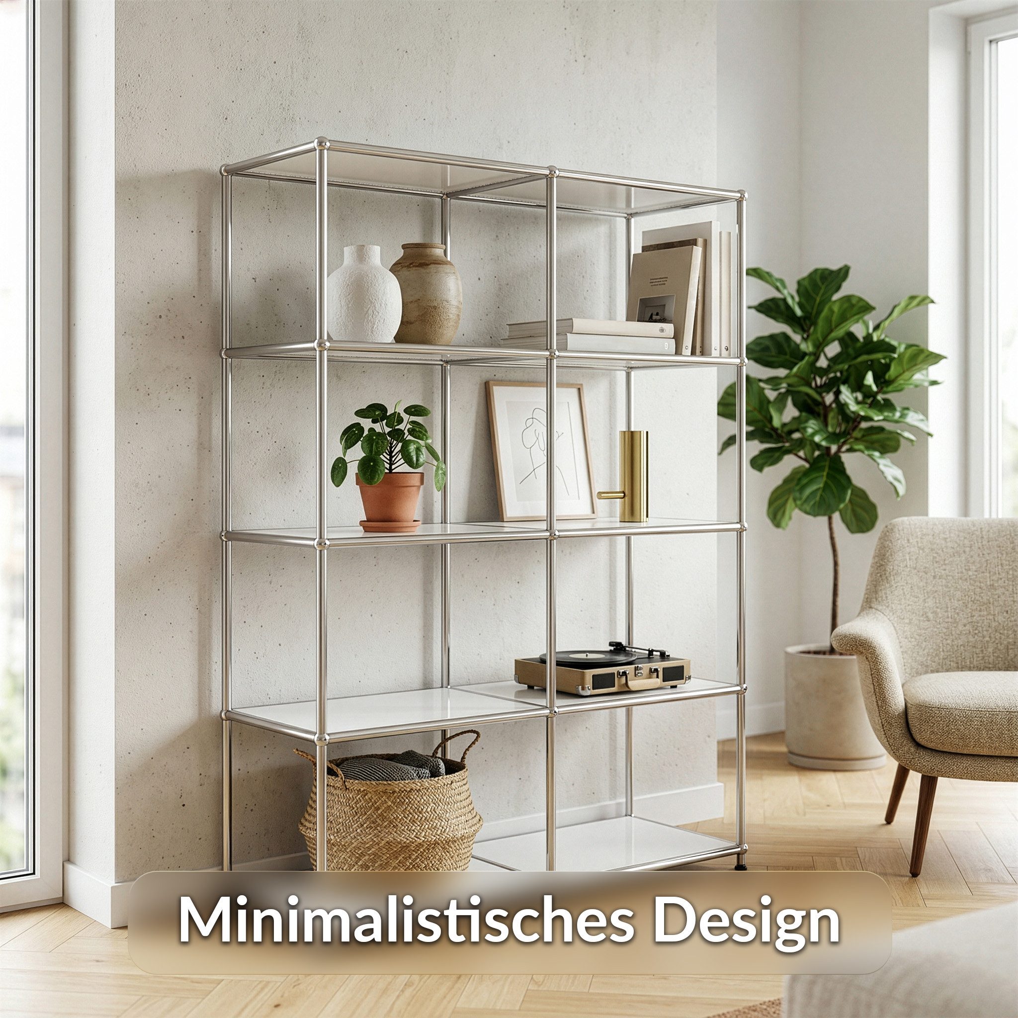 Floordirekt Bücherregal Standregal Concept Epure MK-015 Raumteiler, verchromtes Metallgestell, höhenverstellbare Kunststofffüße, 5 Ablagen, B78×T40×H118 cm – Bild 3 von 5