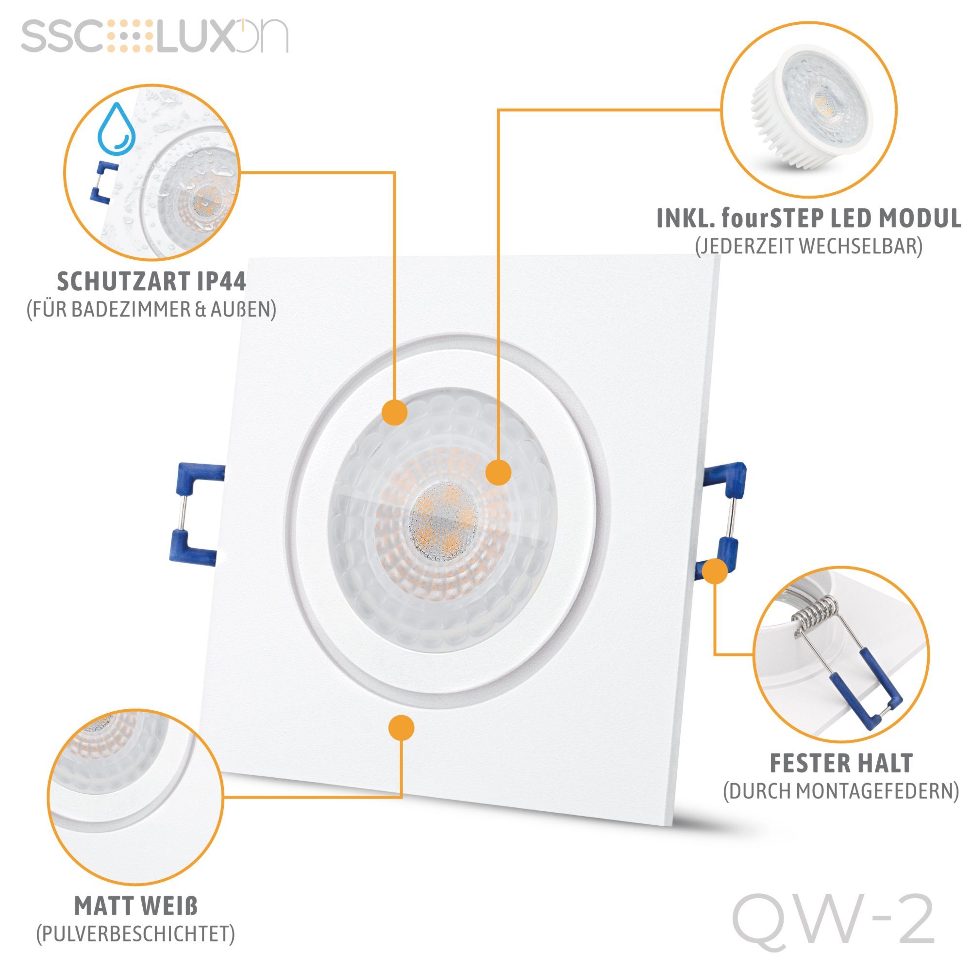 Bad LED SSC-LUXon Außen-Deckenleuchte fourSTEP, QW-2 quadratisch in Einbauspot flach mit Neutralweiß IP44 weiss