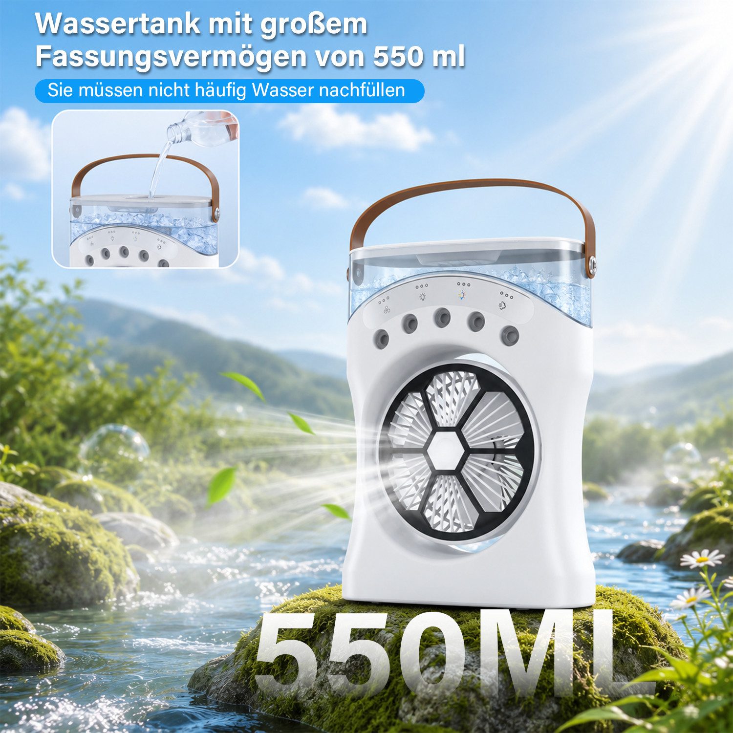 MOPUEA Ventilatorkombigerät Tragbarer Luftkühler 550 ml 5 Sprühdüsen 3 Windstufen 180° Verstellbar, 5 Sprühdüsen, 3 Windstufen, RGB-Licht, 180° verstellbar
