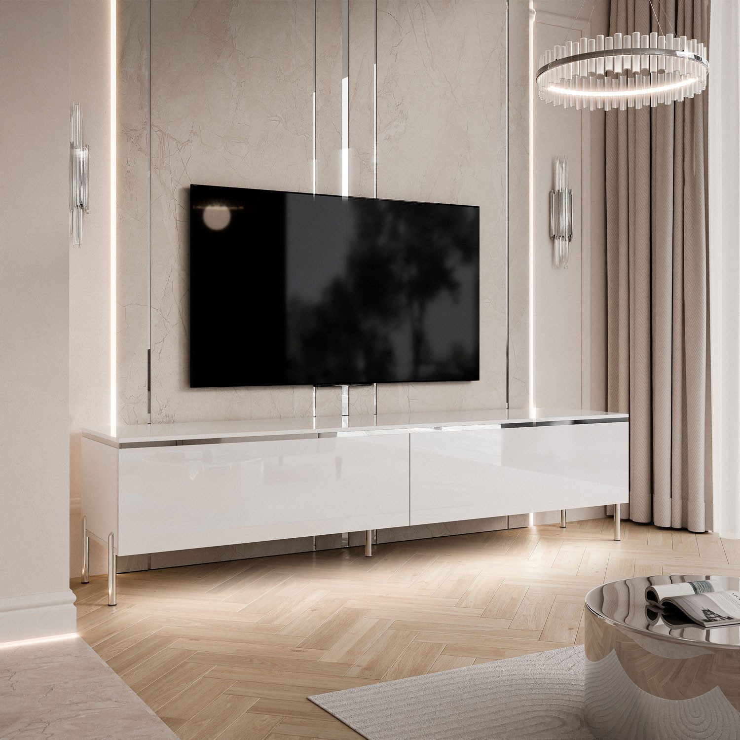 Lookway TV-Schrank AURORA SILVER auf Beinen und LED Beluchtung Breite: 180 cm, Höhe: 45/49,5 cm, Tiefe: 40 cm – Bild 5 von 5