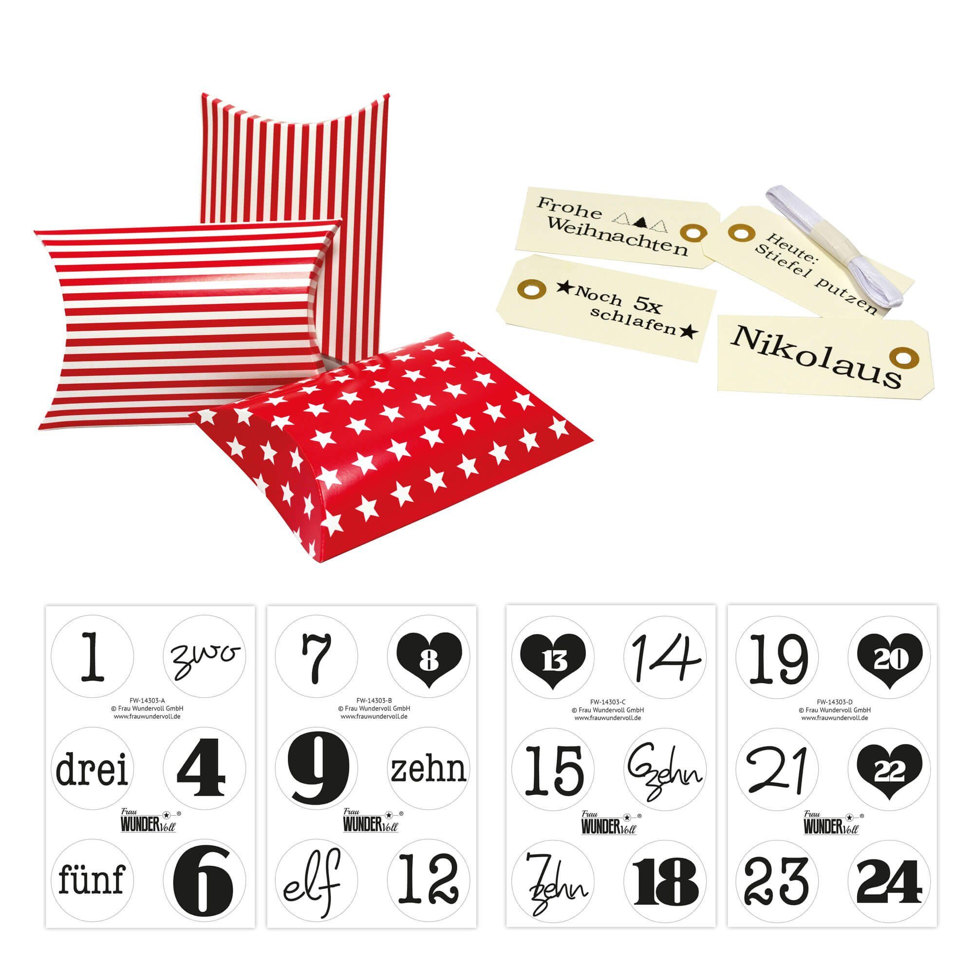 Frau WUNDERVoll befüllbarer Adventskalender Adventskalender Kissenschachtel rote Sterne / Streifen Ziffern schwarz