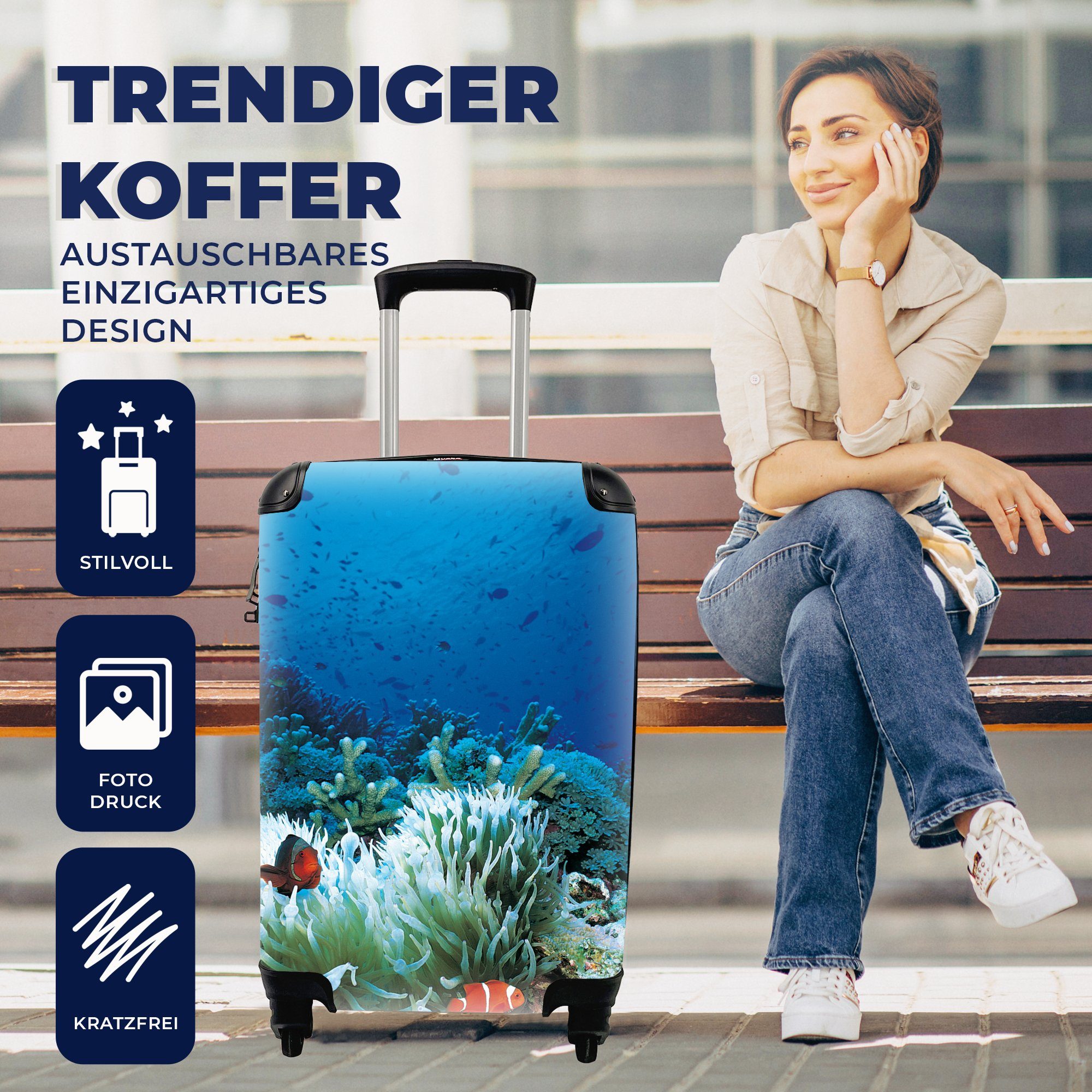 MuchoWow Handgepäckkoffer Unterwasserwelt mit Trolley, Reisetasche rollen, Clownfischen, Ferien, Reisekoffer für mit Handgepäck 4 Rollen