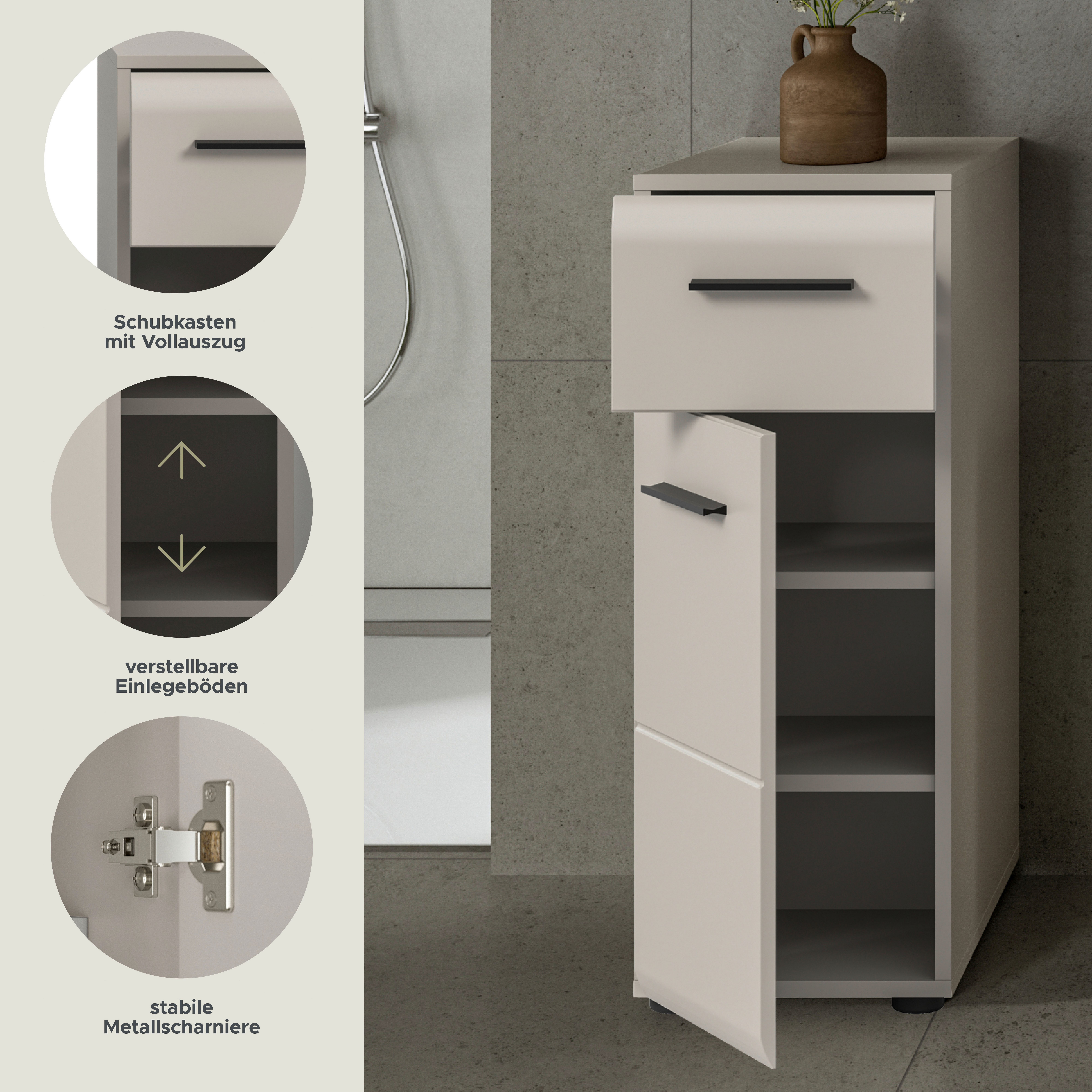 welltime Unterschrank FLORENZ, Höhe 80 cm, 1 Tür, 1 Schubkasten (1-St., TOPSELLER) Türanschlag wechselbar, hochwertige MDF Front, Badschrank, Bad