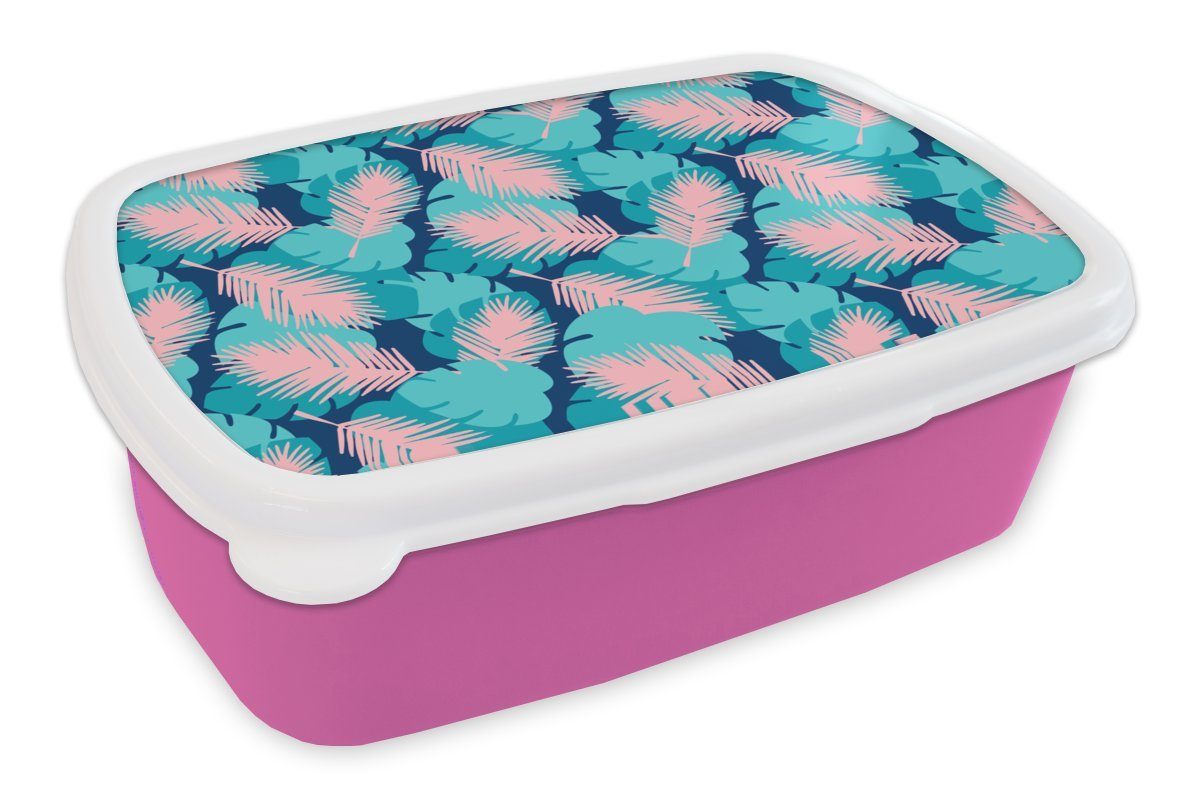 MuchoWow Lunchbox Muster - Dschungel - Blatt, Kunststoff, (2-tlg), Brotbox für Erwachsene, Brotdose Kinder, Snackbox, Mädchen, Kunststoff rosa