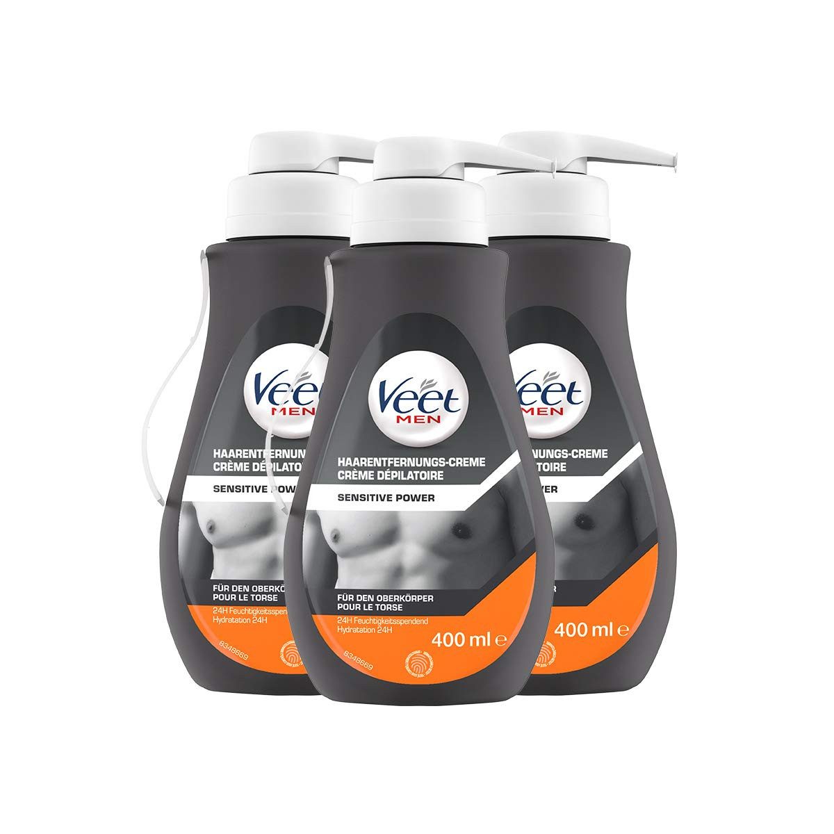 Veet MEN Enthaarungscreme Sensitive Power (3 x 400ml), Spar-Pack, 3 St., Schnelle & effektive Haarentfernung für Männer in nur 5-10 Minuten, im praktisachen Spender mit Spatel