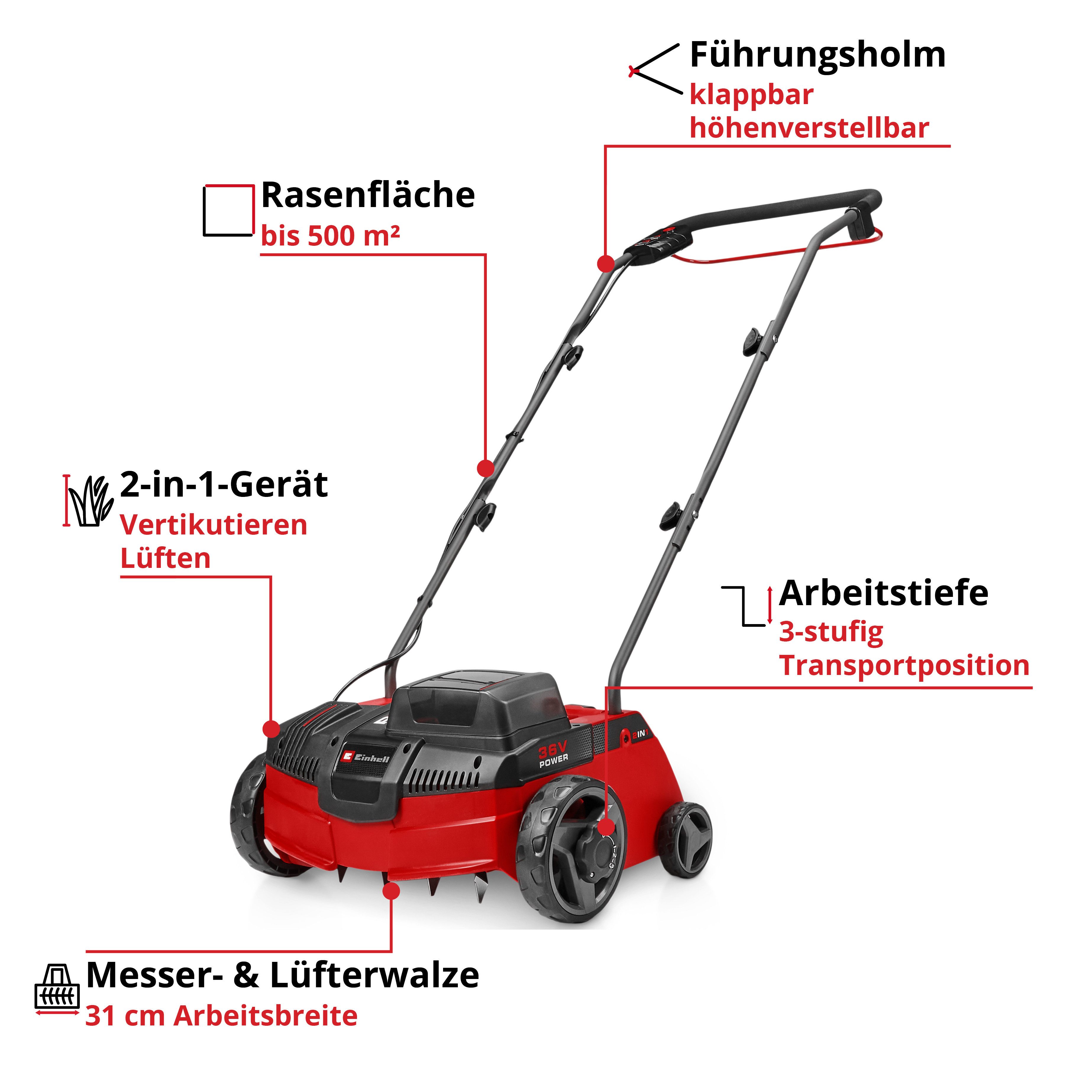 Einhell Vertikutierer GC-SA 36/31 Li-Solo, 31 cm Arbeitsbreite, ohne Akku und Ladegerät
