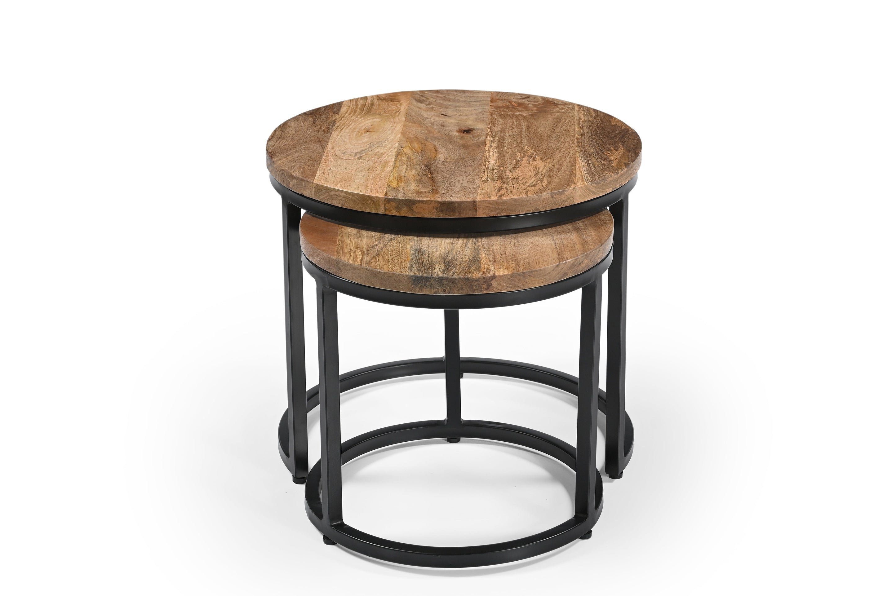 iAnanas Satztisch Satztisch rund aus Massivmangoholz Metallbeinen Industrial Wohnzimmer (Runder Sofatisch 2er Set Massivholz Beistelltische Industrial Design, 2-St., Satztisch-Set), 2er Couchtisch Set Rund Holz Beistelltische Modern Loft Design