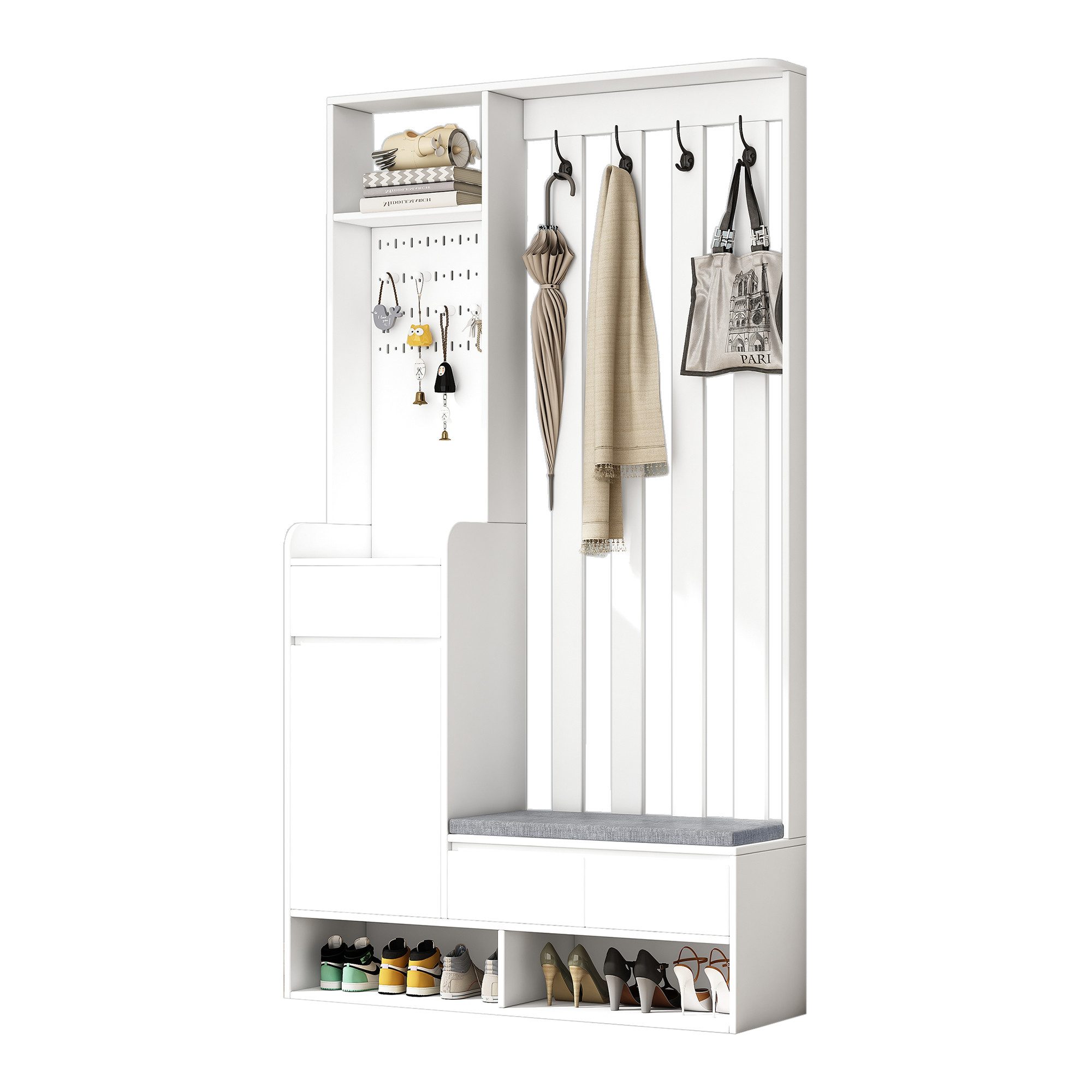 Refined Living Garderoben-Set Flurgarderobe mit gepolsterter Aufbewahrungsbank, Flur-Schuhschrank, (H180/B100/T35 cm, Schuhschrank, moderne Garderobe mit 4 Haken, multifunktionaler Flur-Schuhschrank mit Stecktafel, 1-St., Vielseitiges 6-in-1-Design), für Eingangsbereich, Flur, Waschküche