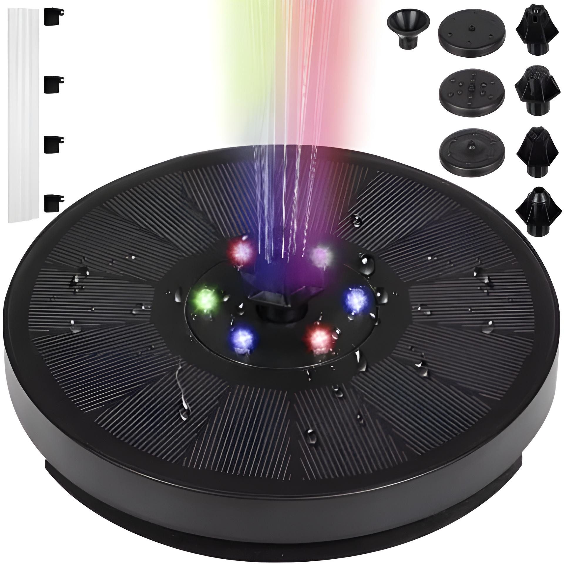Gardlov Gartenbrunnen LED Solar Brunnen Wasser, 16 cm Breite, (Packung, 1 tlg., Komplettset mit 7 Fontänenaufsätzen), RGB-LED-Beleuchtung & austauschbare Fontänenaufsätze