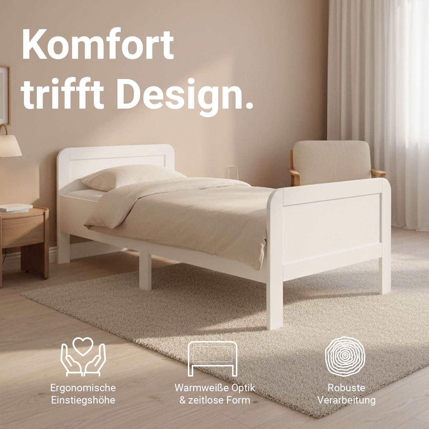 Homestyle4u Funktionsbett 90x200 100x200 120x200 Holzbett Seniorenbett Komfortbett Braun Weiß, 90x200, höhenverstellbar, erhöhter Einstieg