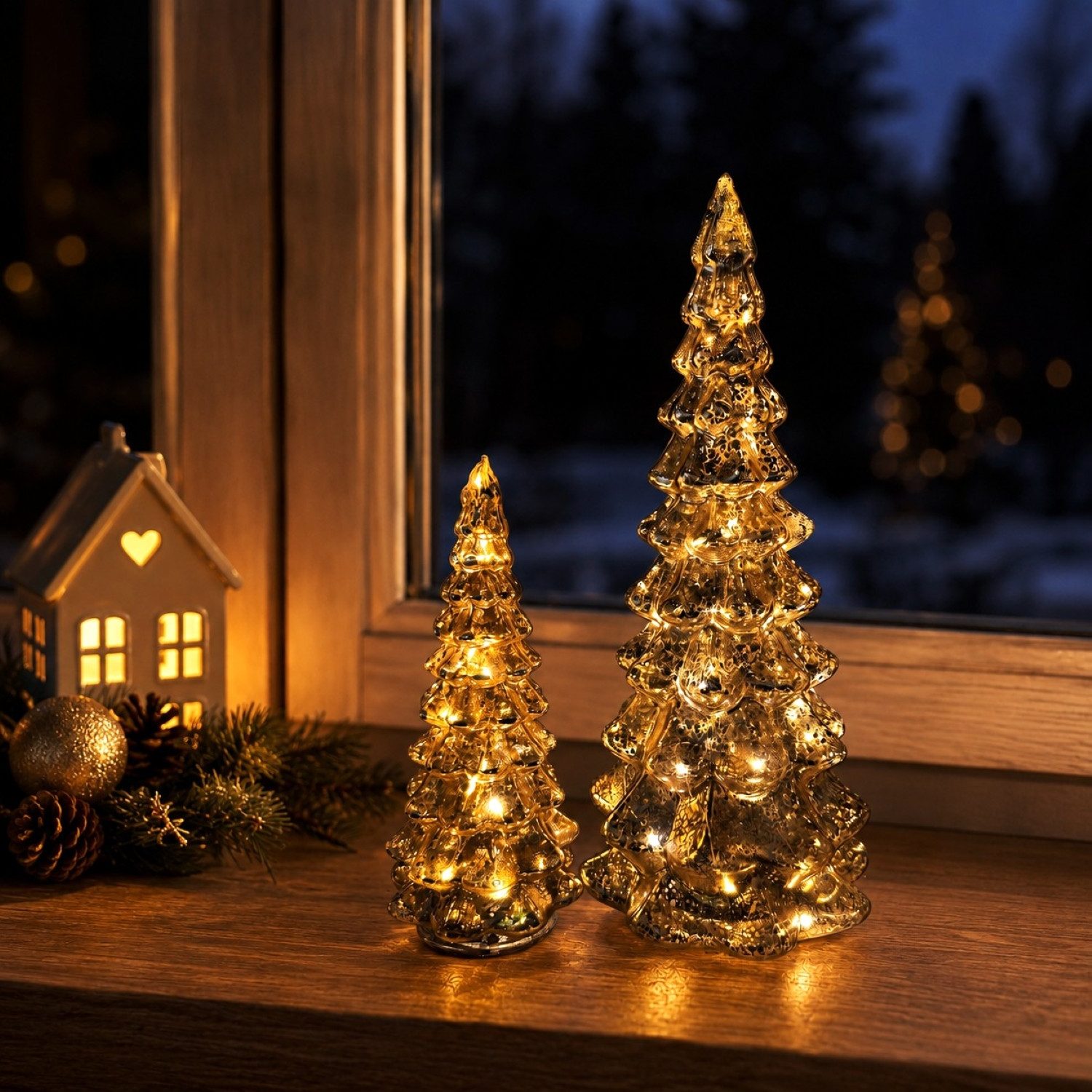 Online-Fuchs LED-Dekofigur Tannenbaum Set aus Glas mit LED-Lichterkette & Timer - Weihnachtsdeko (warmweiße Beleuchtung, in 4 Farben erhältlich), inklusive praktischer 6-Stunden Timerfunktion