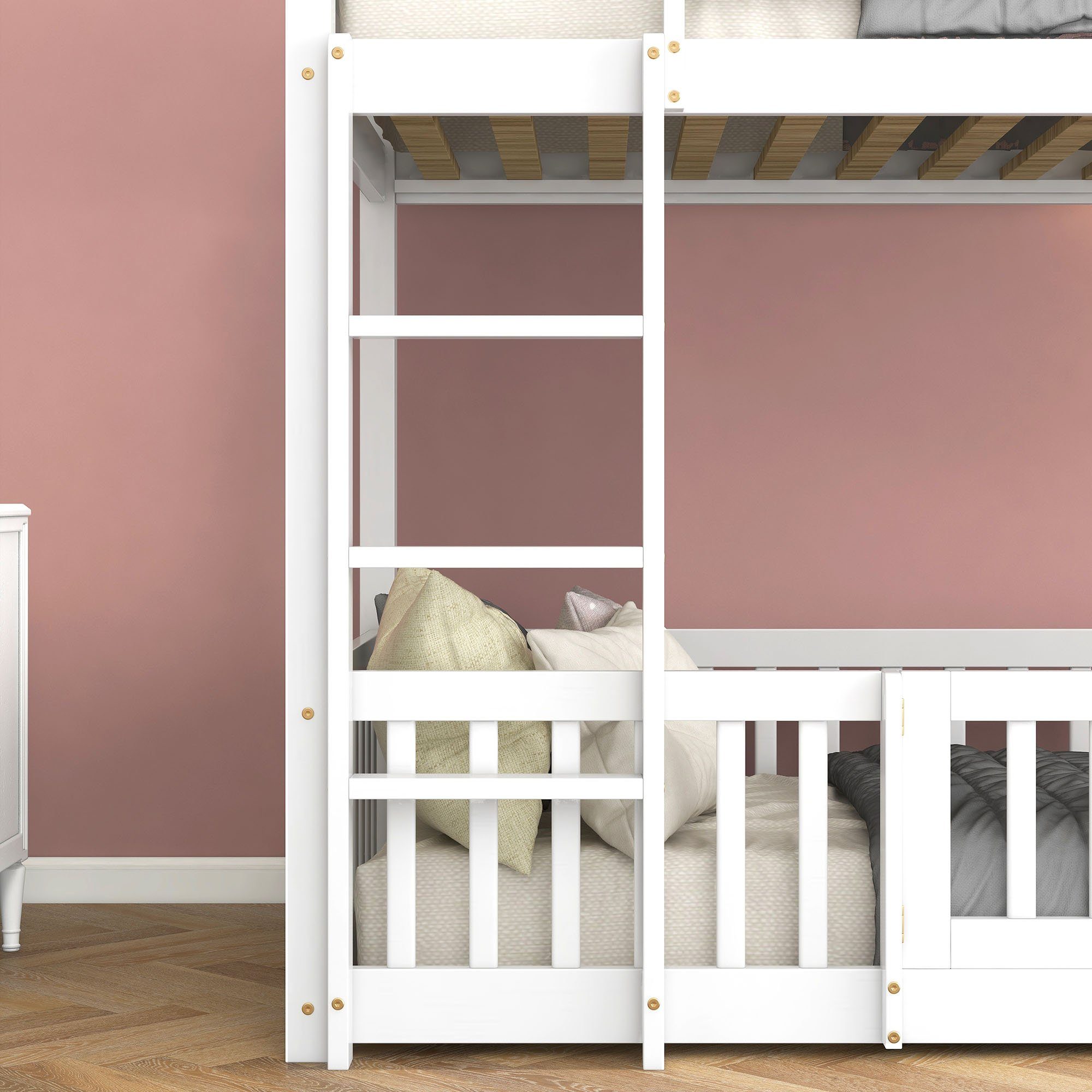 Etagenbett (Hochbett 90x200 cm mit Lattenrost und Rausfallschutz), Kinderbett mit Leiter, Zäune und Tür, aus massivem Kiefernholz