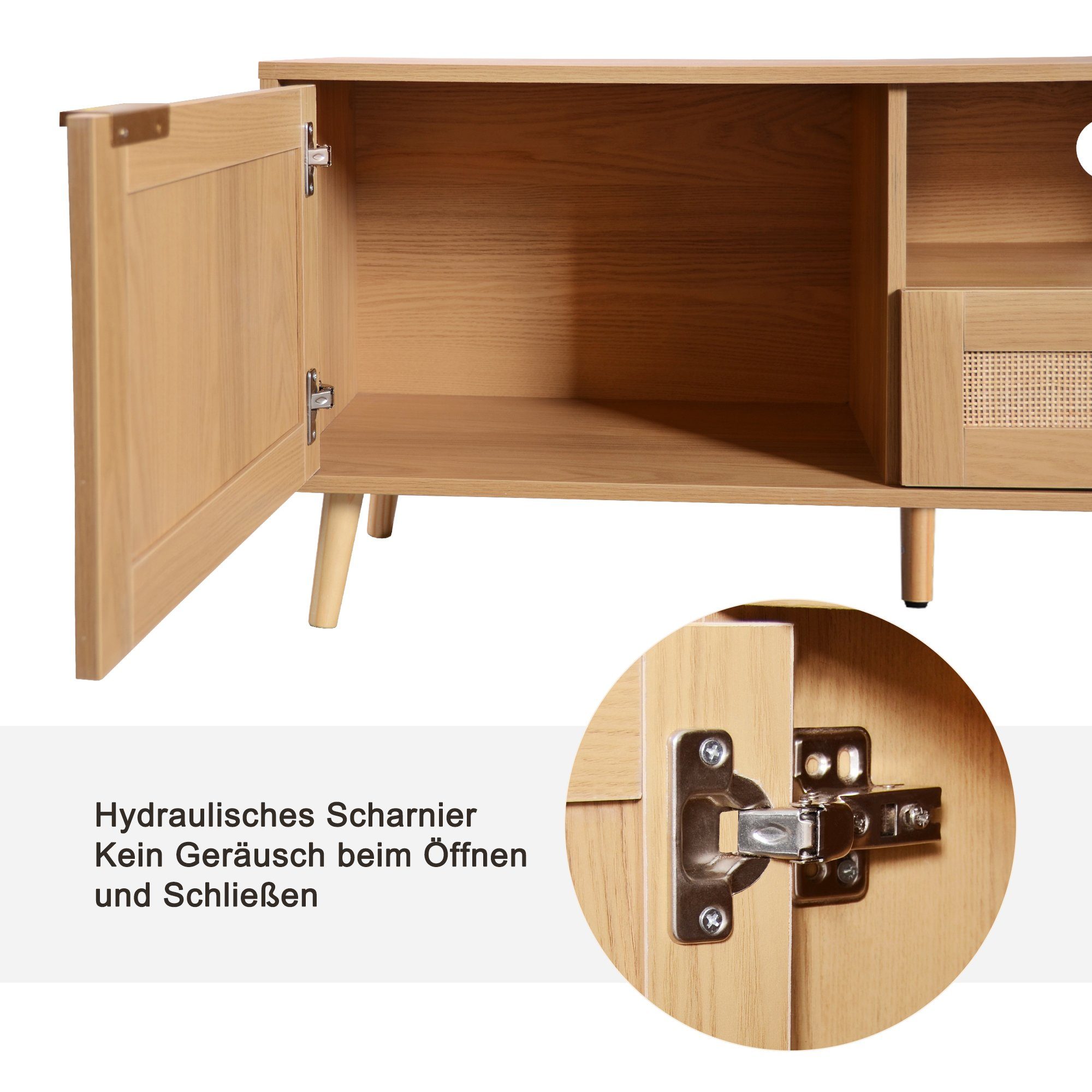 TV-Schrank Holzfüßen, Geflochtener massiven (TV-Konsolentisch,200*37*49cm) Rattan-TV-Boards Natur mit TV-Tisch HAUSS Beistellschrank Sideboard SPLOE