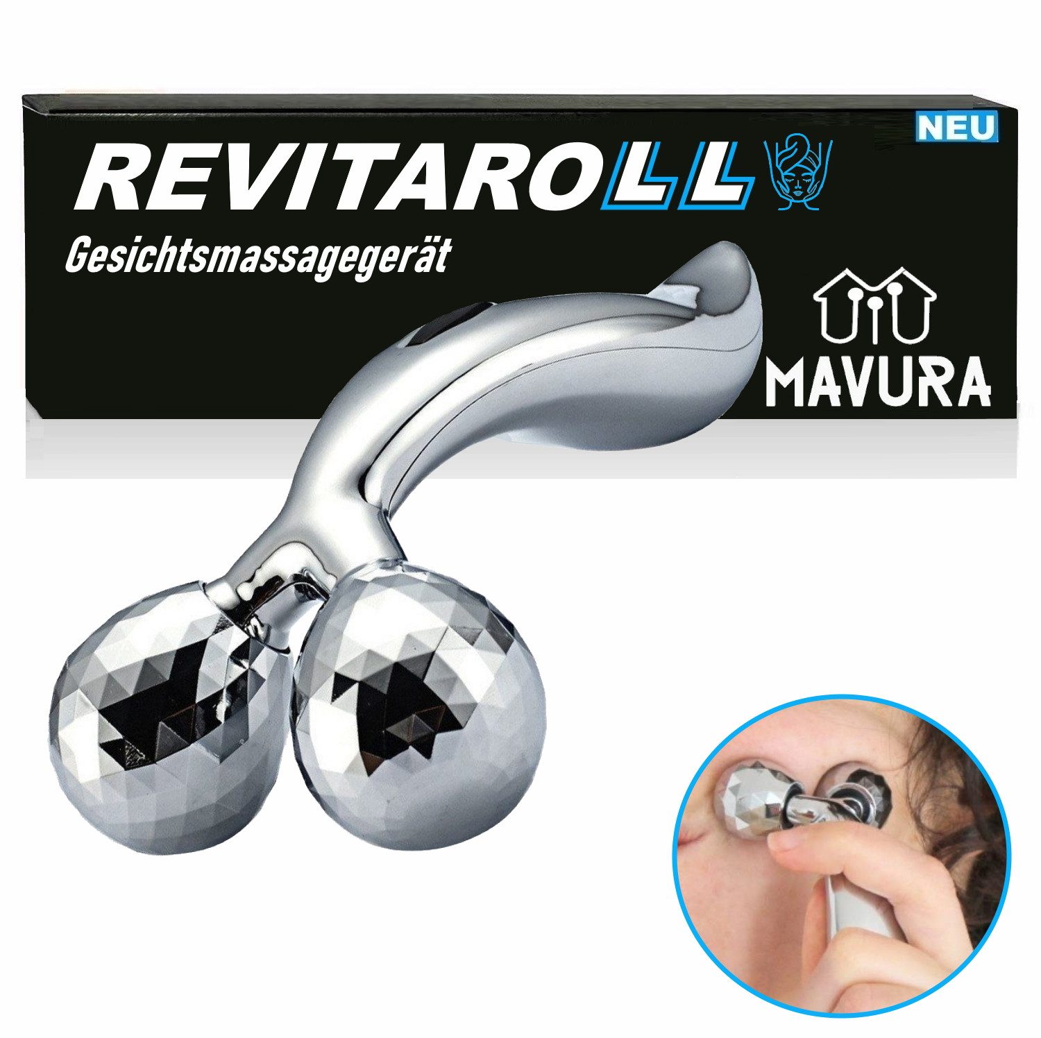 MAVURA Gesichtsmassagegerät REVITAROLL 3D Mini Gesicht Massage Roller Gesichtsroller Gesicht, Massagegerät 360 Grad, Schlankheitsroller Gesichtsmassage Gesichtslifting