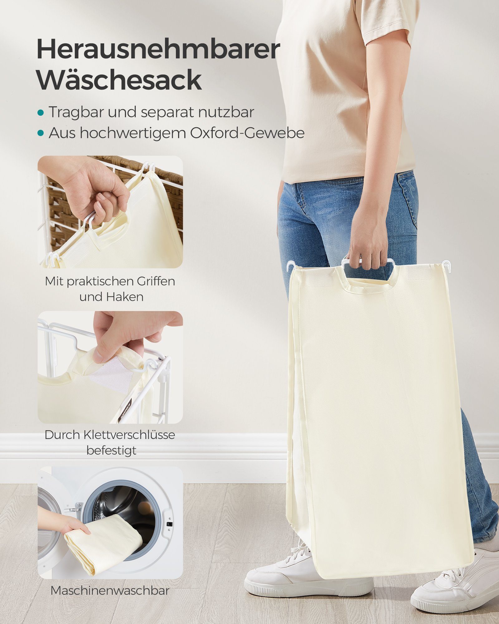 Wäschesack mit Rollen 90 Naturbeige-Cremeweiß / L, 130 herausnehmbar SONGMICS Wäschekorb, / 110 Deckel, und