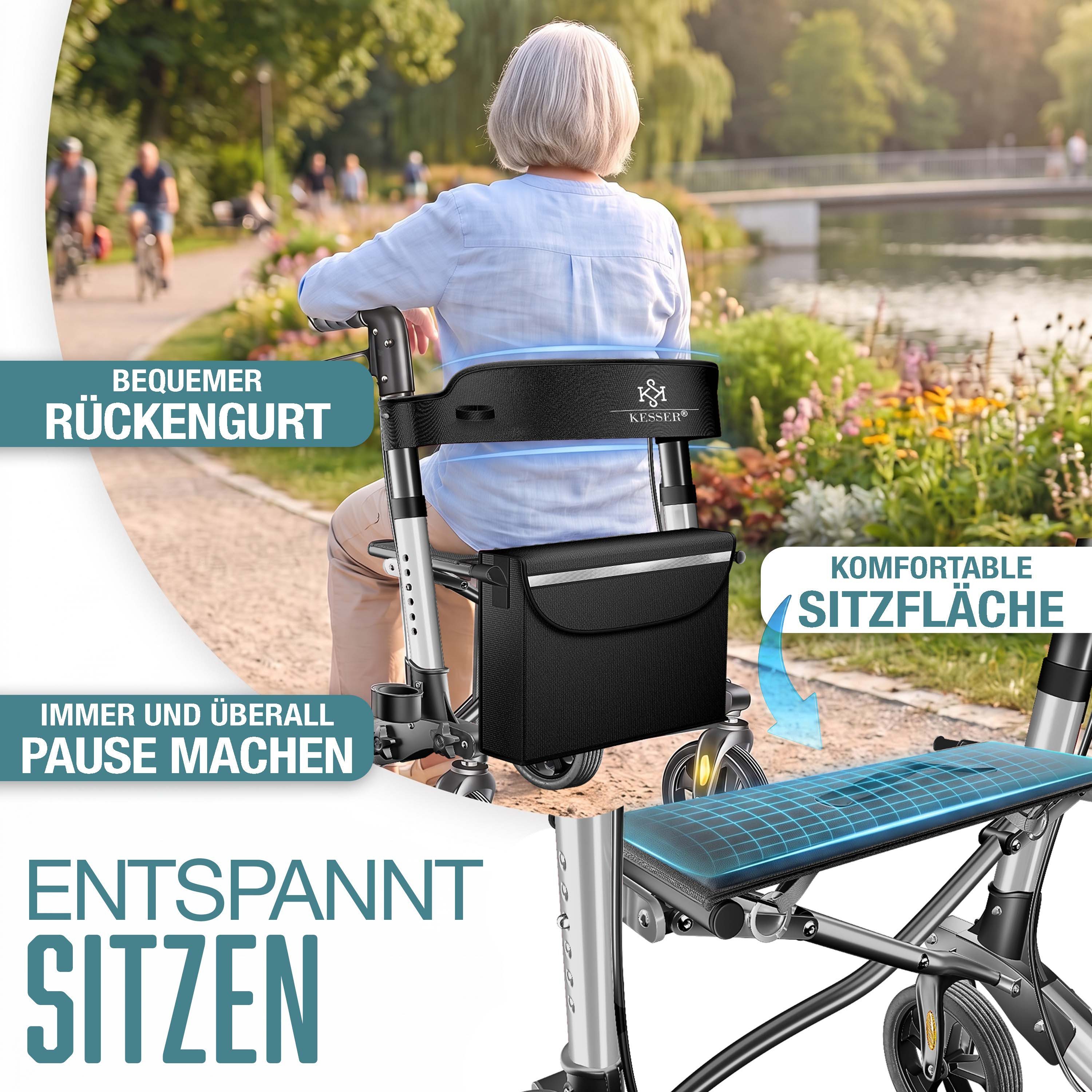 KESSER Rollator Aluminium – faltbar, höhenverstellbar & bis 136 kg belastbar, wetterbeständig, Tasche, Stockhalter, Reflektoren, 360° Gelände Reifen