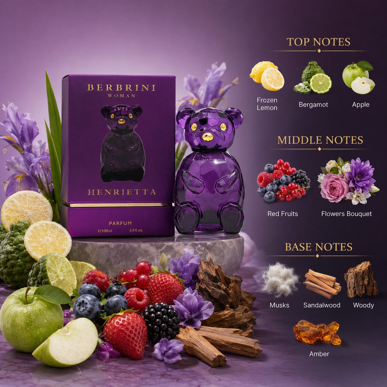BERBRINI Eau de Parfum Henrietta for Her Damenduft Fruchtig Floral Holzig e100 ml, Hergestellt in UK, luxuriöser Damenduft, langanhaltend Premium Duft