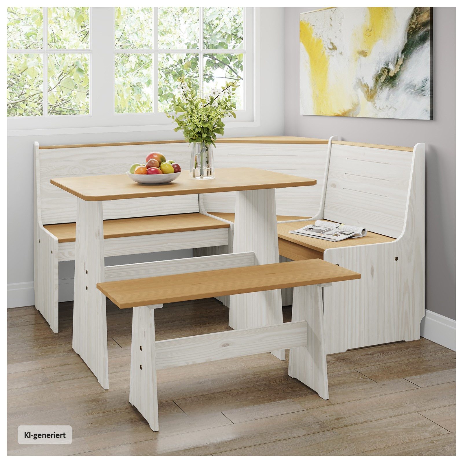HTI-Living Eckbankgruppe Sitzgruppe 3-teilig Marija Weiß, (Set, 3-tlg., 1 Esstisch, 1 Eckbank mit Rücklehne, 1 Sitzbank), Esstisch Eck- und Sitzbank Landhausstil