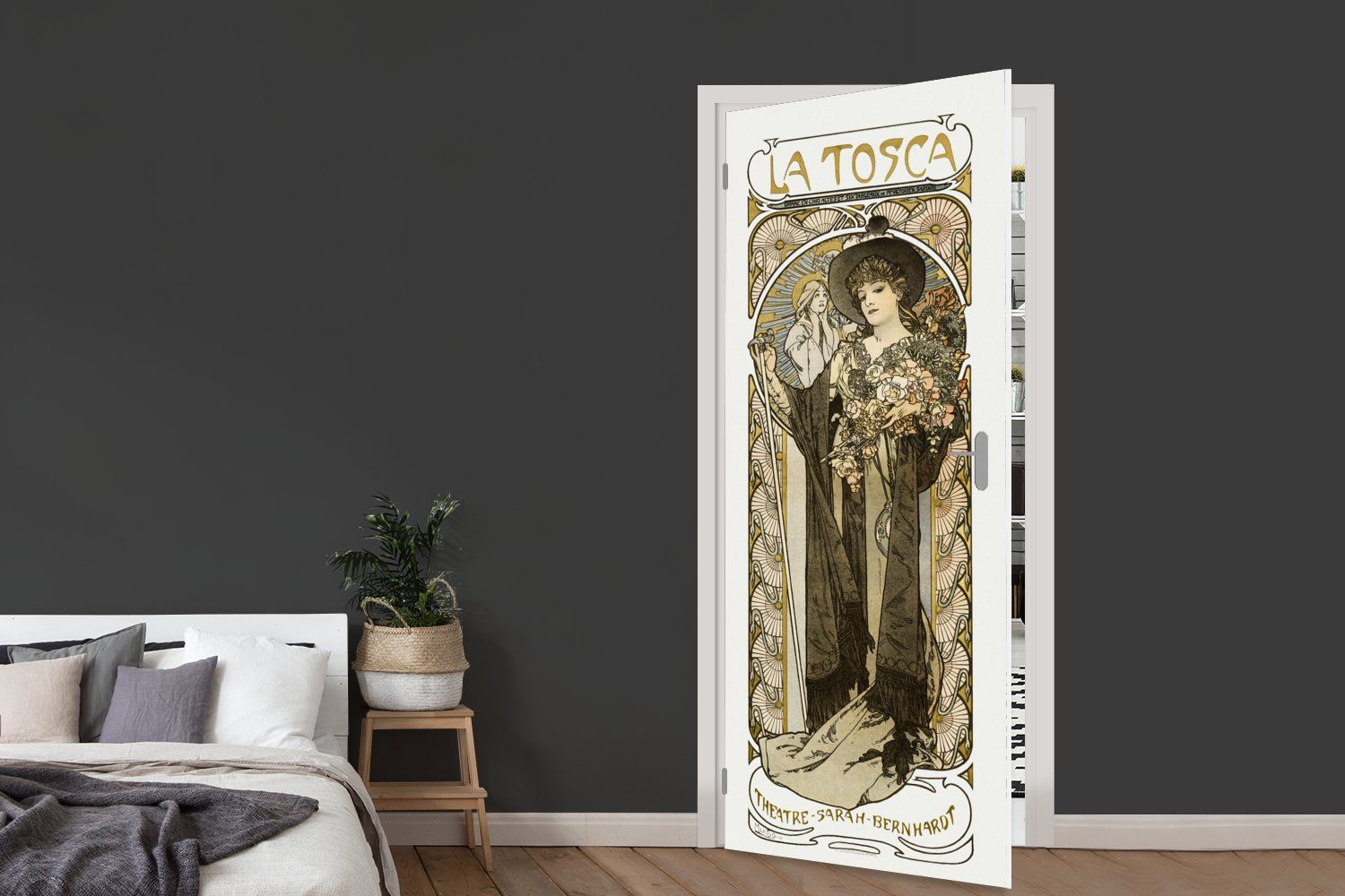 Tür, - Jugendstil 75x205 Frau -Blumen, cm MuchoWow St), Matt, bedruckt, Türtapete (1 Türaufkleber, Fototapete für