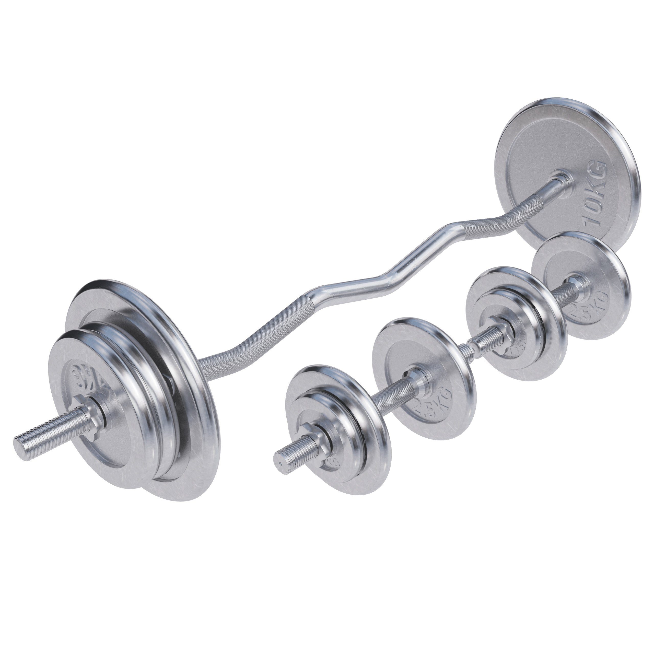 Hantel-Set SZ Curlstange 120cm, 2 Kurzhanteln, 30mm, 6 Sternverschlüsse, Chrom
