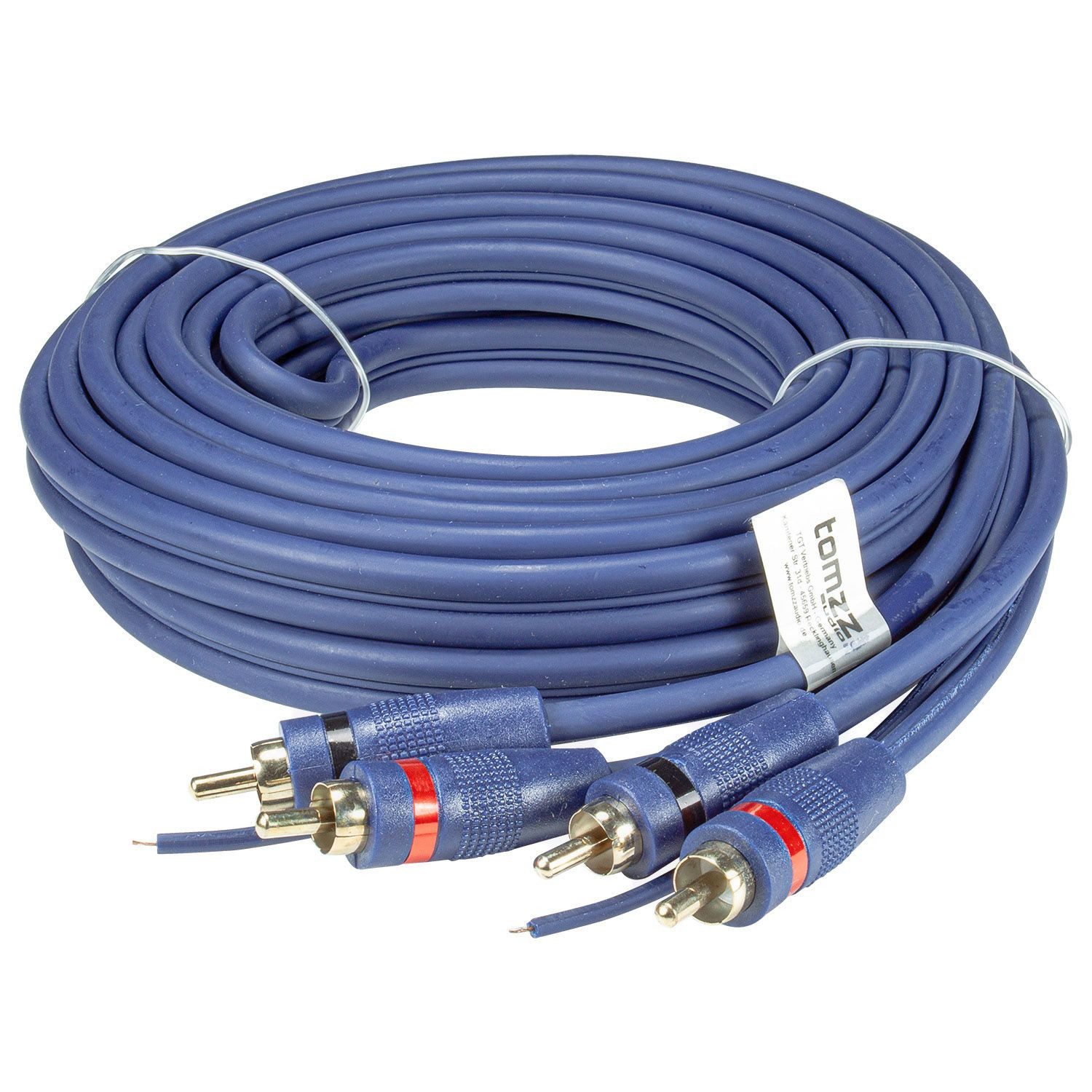tomzz Audio Profi RCA Cinchkabel 5m, 2-fach geschirmt, blau, mit Remoteleitung KFZ-Adapter