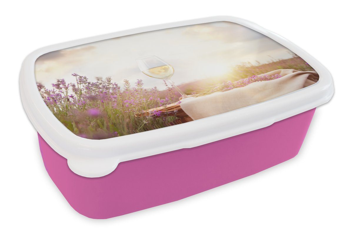 MuchoWow Lunchbox Lavendel - Wein - Frühling, Kunststoff, (2-tlg), Brotbox für Erwachsene, Brotdose Kinder, Snackbox, Mädchen, Kunststoff rosa