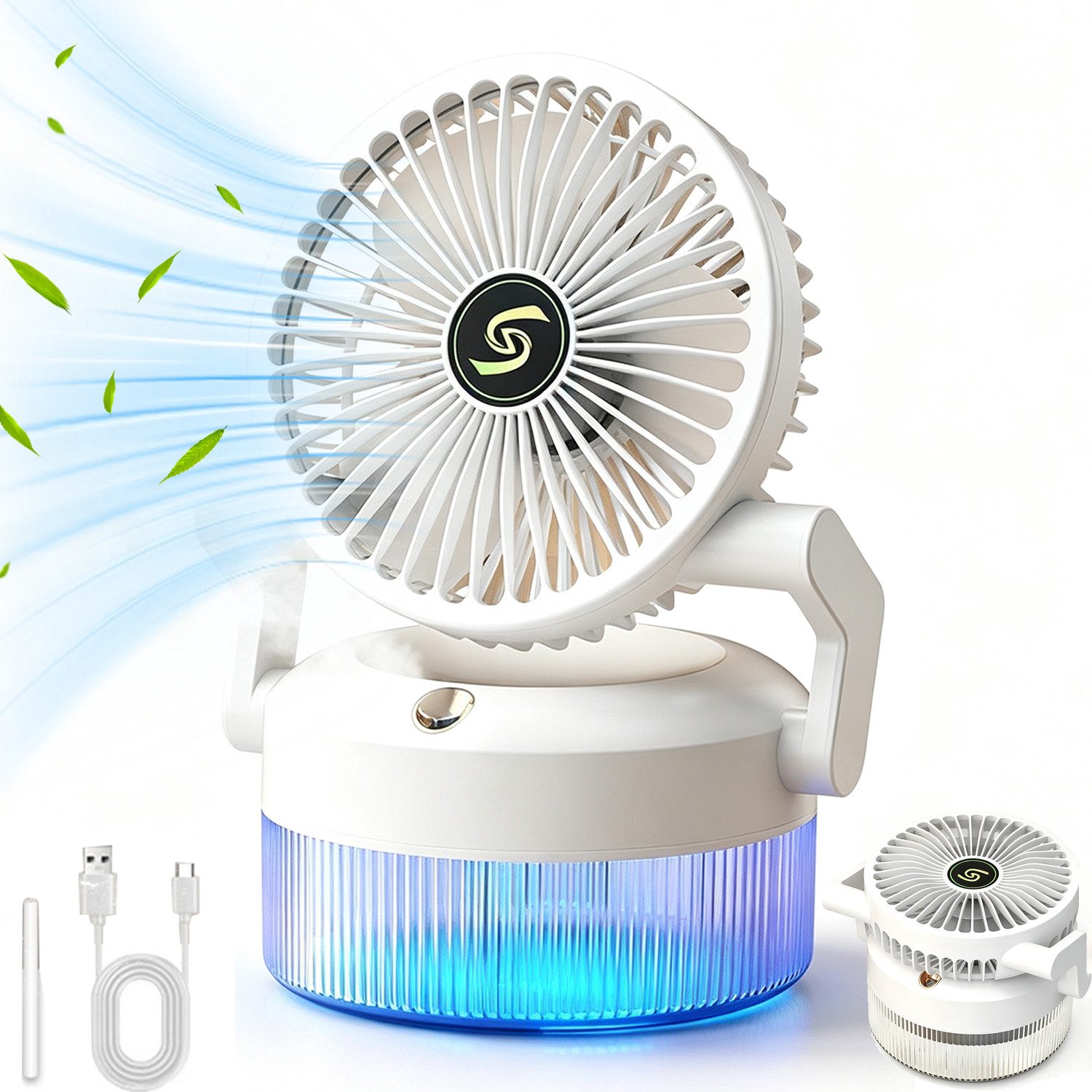 MOPUEA Tischventilator Sprühventilator mit 800-ml-Wassertank und RGB-Beleuchtung, Zusammenklappen, 3 Windstufe, Leiser, USB, für Wohnmobile, Homeoffice
