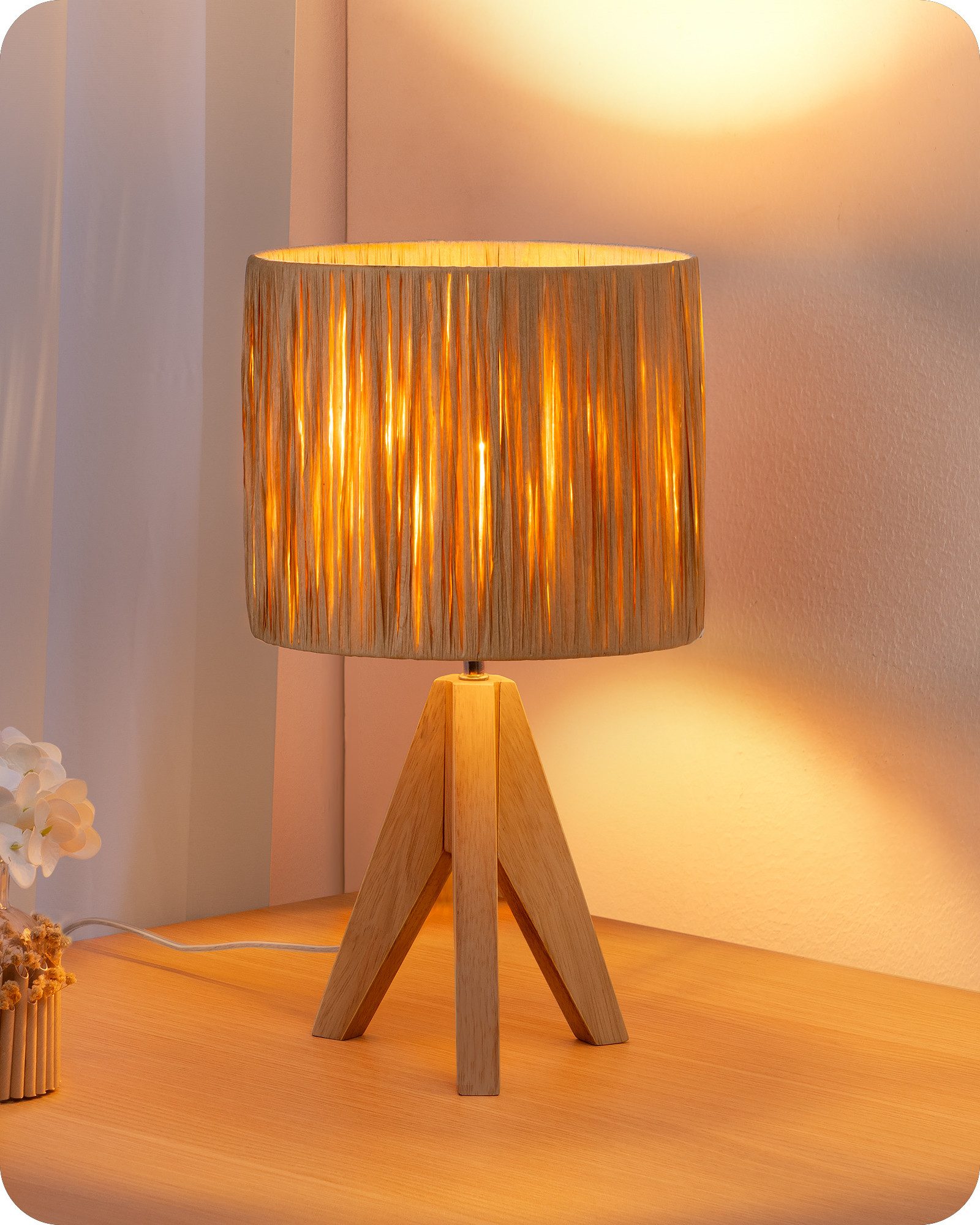 EDISHINE LED Nachttischlampe mit Seil-Lampenschirm, vintage Dekolampe, LED wechselbar, Warmweiß, Tischlampe holz mit Leuchtmittel, Boho Tischleuchte für Schlafzimmer