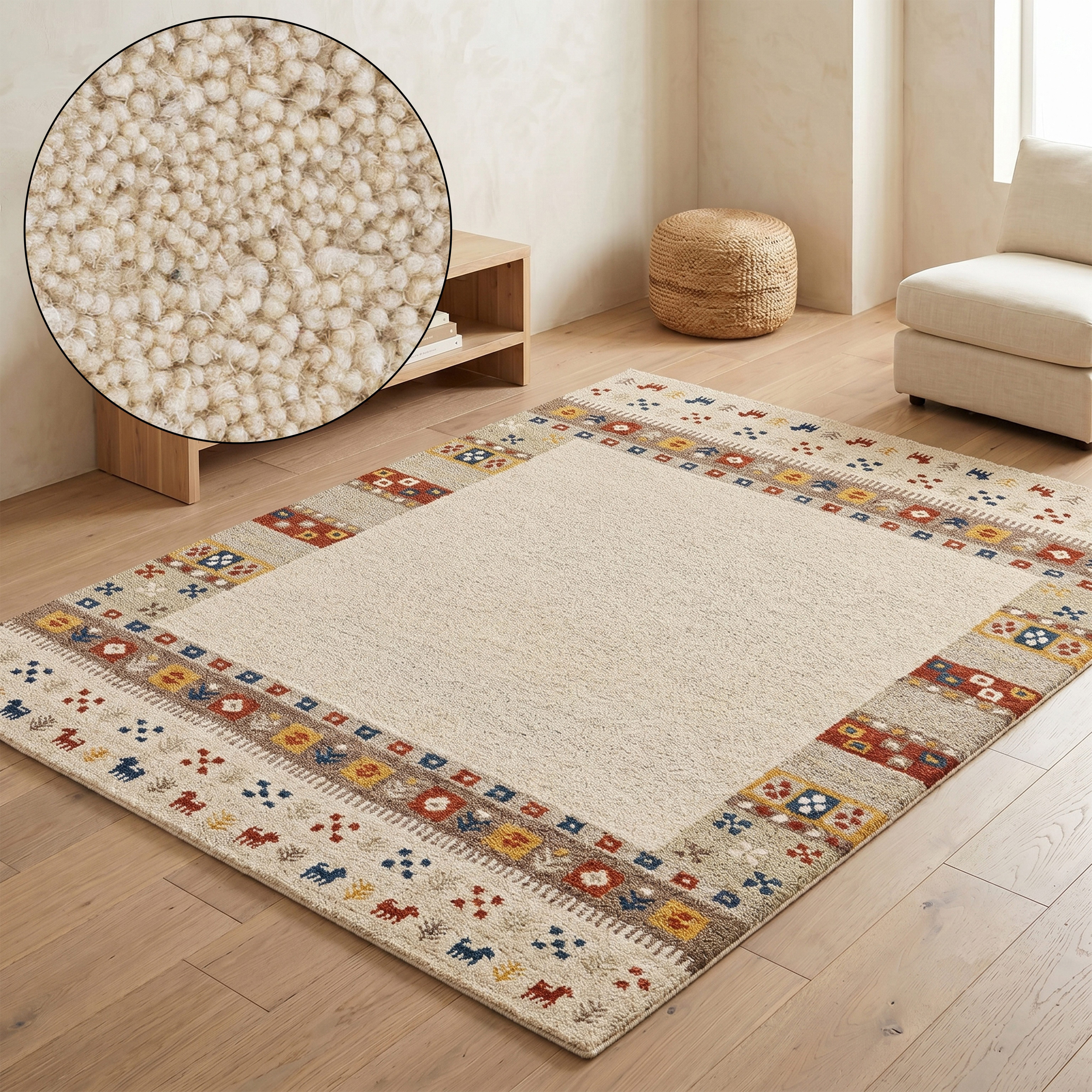 THEKO Wollteppich Gabbeh Rahmen, reine Wolle, Handgefertigt, mit Bordüre, rechteckig, Höhe: 14 mm, Tiermotiv, Wohnzimmer, Schlafzimmer, Esszimmer