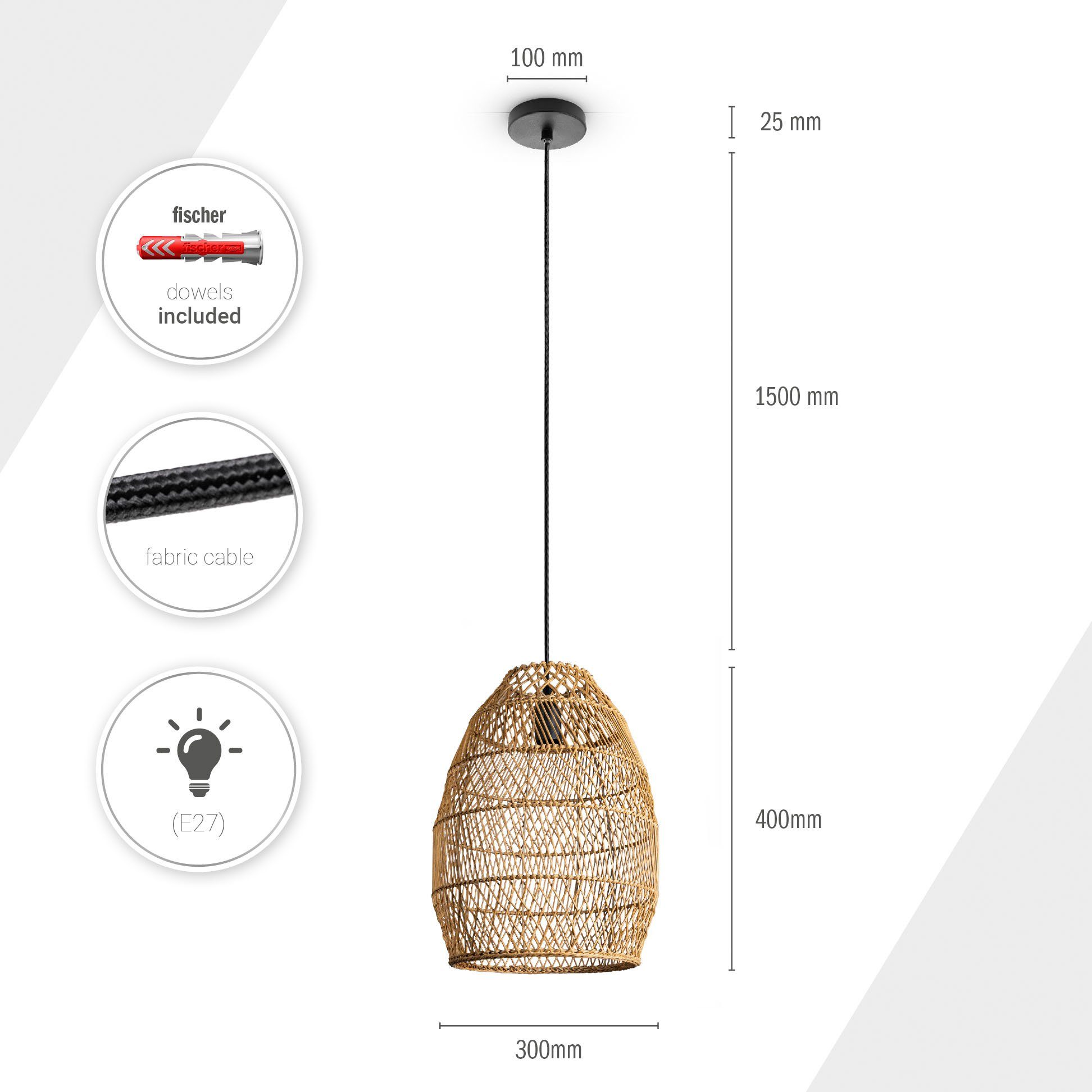 Paco Boho Küche Esstisch Home Rattan Korblampen Pendelleuchte VIHMO, Pendellampe LED Leuchtmittel, Rustikal E27 ohne