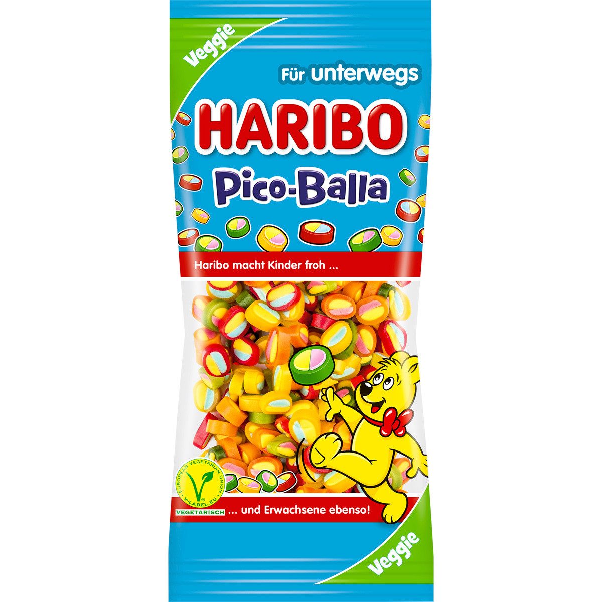 HARIBO Süßigkeit, Haribo Pico Balla Fruchtgummi mit doppelseitiger Konfektfüllung 65g