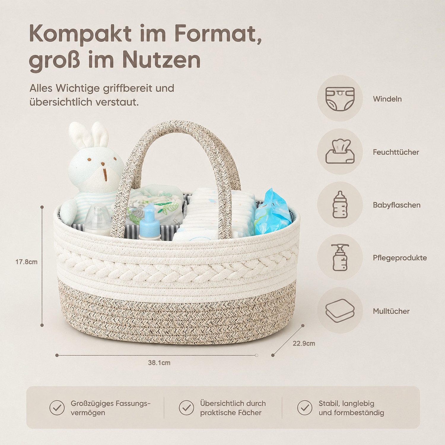 HEYHIPPO Aufbewahrungskorb Aufbewahrungskorb aus Baumwolle,38×22,9×17,8 cm, braun,für Wickeltisch (Herausnehmbarer Einsatz,großes Fassungsvermögen,nass&trocken getrennt), Baumwollkorb mit Griffen,für Windeln & Pflegeprodukte,für Kinderzimmer