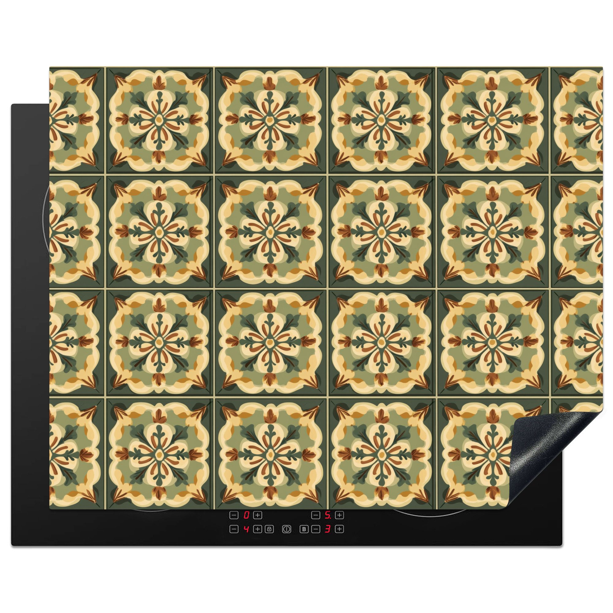 MuchoWow Herd-Abdeckplatte Ornament - Muster - Grün, Vinyl, (1 tlg), Herdabdeckplatten für Ceranfeld, Induktionsschutz, 65x55 cm
