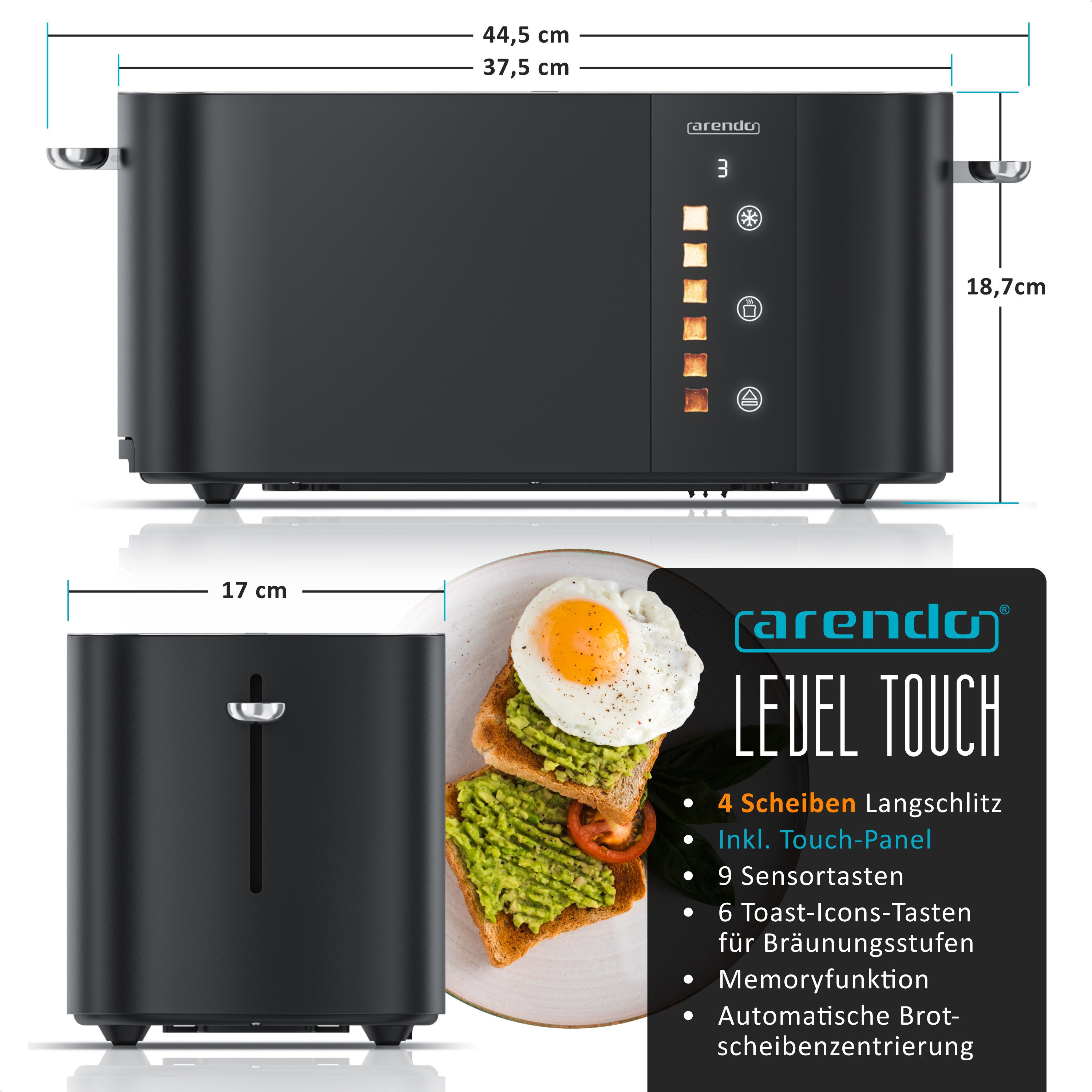 Arendo Toaster Edelstahl, Langschlitz, Touch Display, Restzeit & Bräunungsgradanzeige, 2 lange Schlitze, für 4 Scheiben, 1500 W, Brötchenaufsatz, Wärmeisoliert, Toast-Symbole für Bräunungsgradauswahl