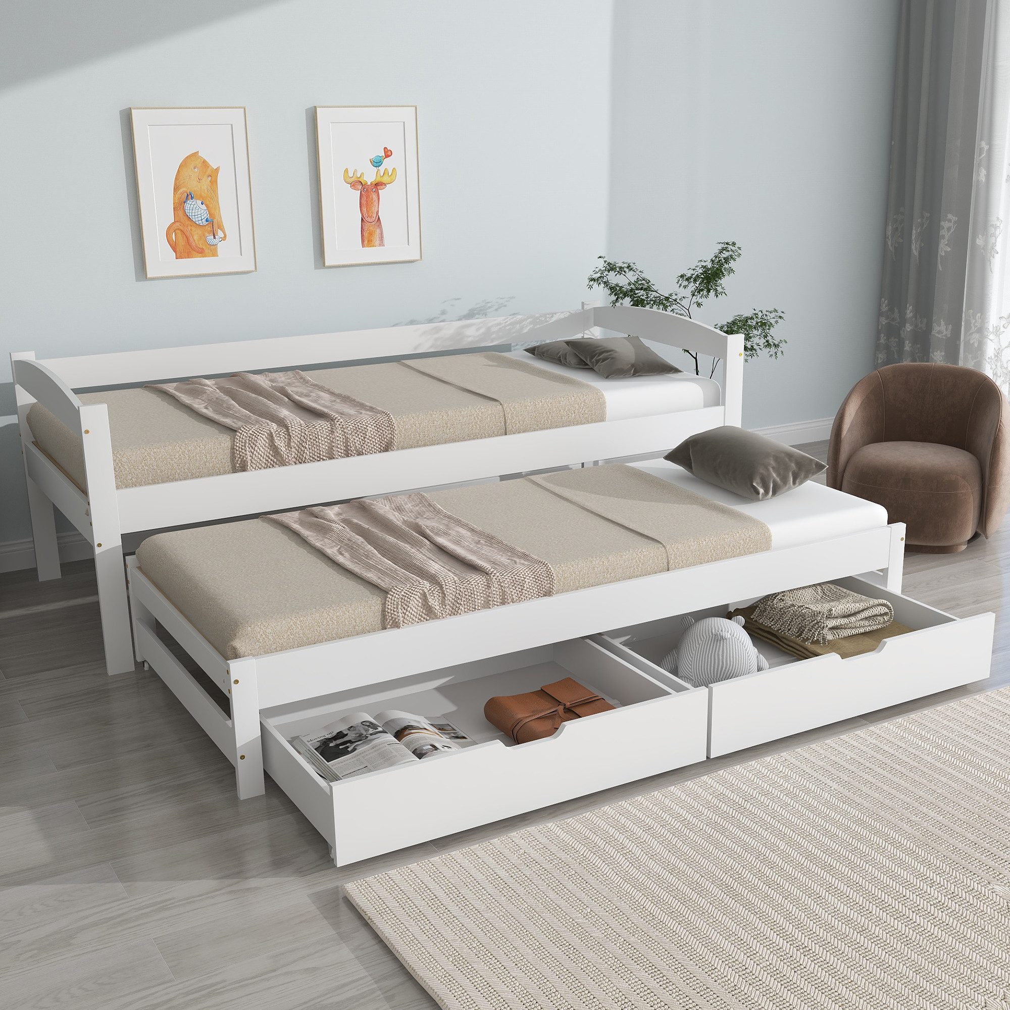 Flieks Kinderbett, Einzelbett 200x90cm mit Schiebebett günstig online kaufen