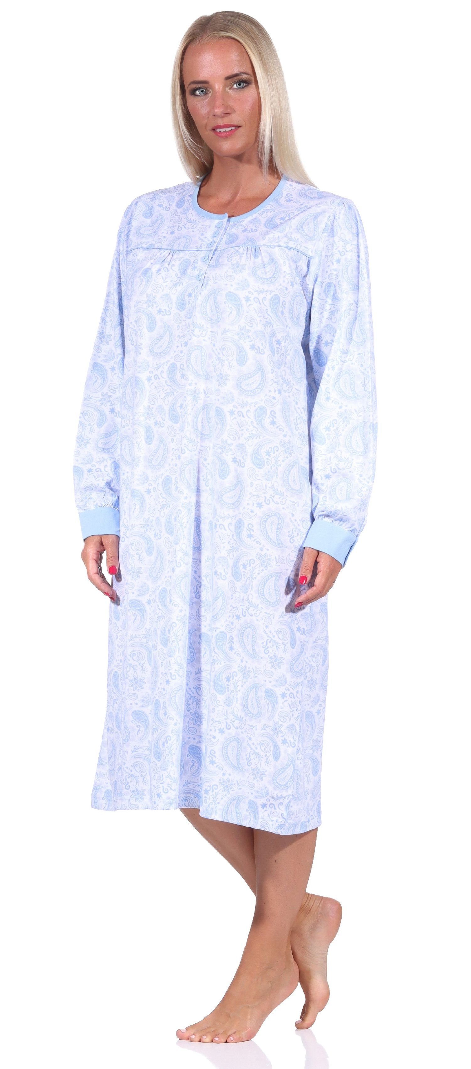 Damen Nachthemd Muster, Paisley Nachthemd am Hals Normann mit Frauliches hellblau Knopfleiste