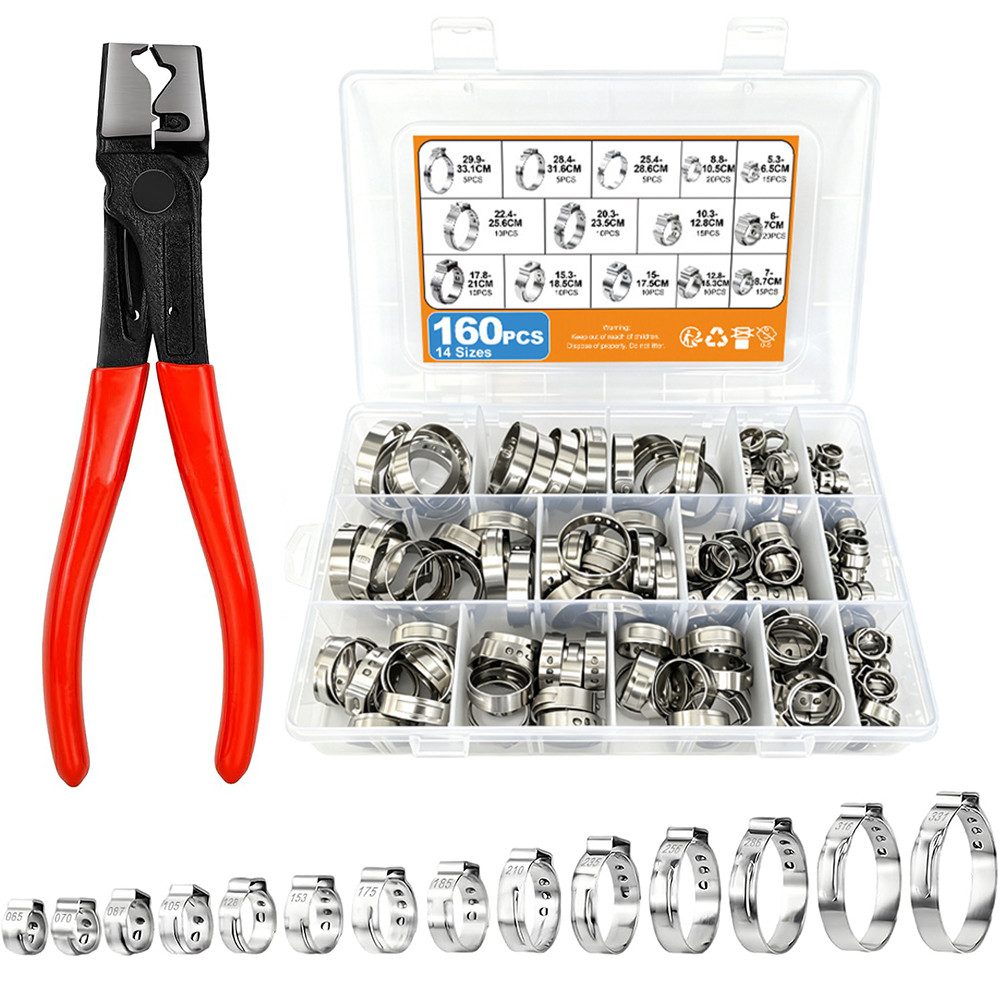 AFKSMILE Schlauchschelle 160 Stück Einohr-Schlauchschellen aus Edelstahl mit Schlauchklemmzange, (160-St), 14 Größen (5.3-33.1mm) Rohr-Schlauchschelle Kraftstoffleitung Clip