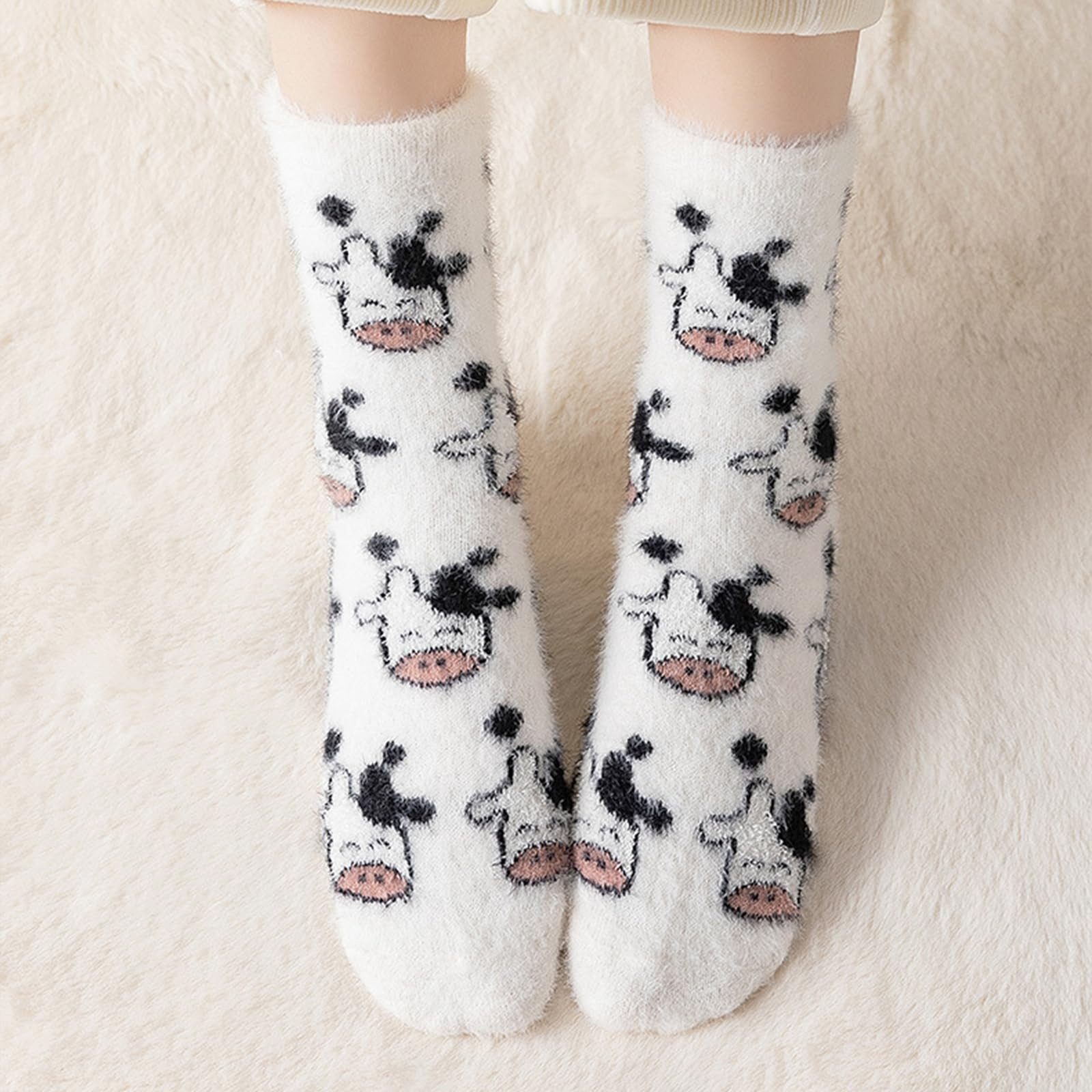 FOUORTUNATE-BEE Socken 4 Paar Damen-Kuschelsocken mit Kuh-Motiv (warme flauschige Wintersocken für Zuhause, 4-Paar, und als Geschenk für Mädchen und Frauen) – Bild 2 von 5