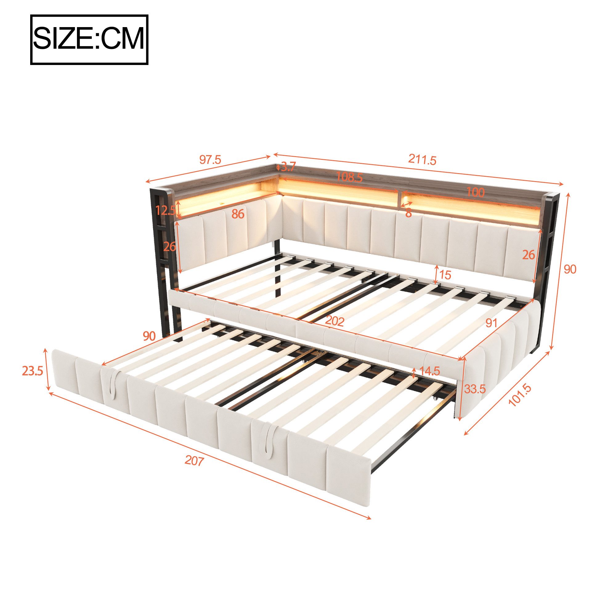 Merax Daybett 90x200cm Schlafsofa mit LED-Beleuchtung & USB-Anschluss (Sofabett Jugendbett Kinderbett, 1 tlg), Polsterbett Samtstoff Tagesbett mit Ausziehbett S – Bild 5 von 5