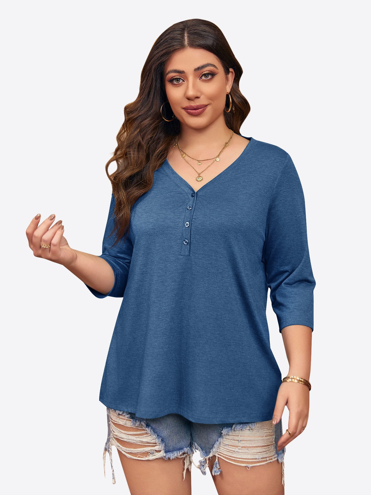 Imily Bela Oversize-Shirt Damen 3/4-Ärmel Henley-Shirt V-Ausschnitt Loose Basic Tunika (Packung, 1-tlg., 1per-Pack) in Unifarbe