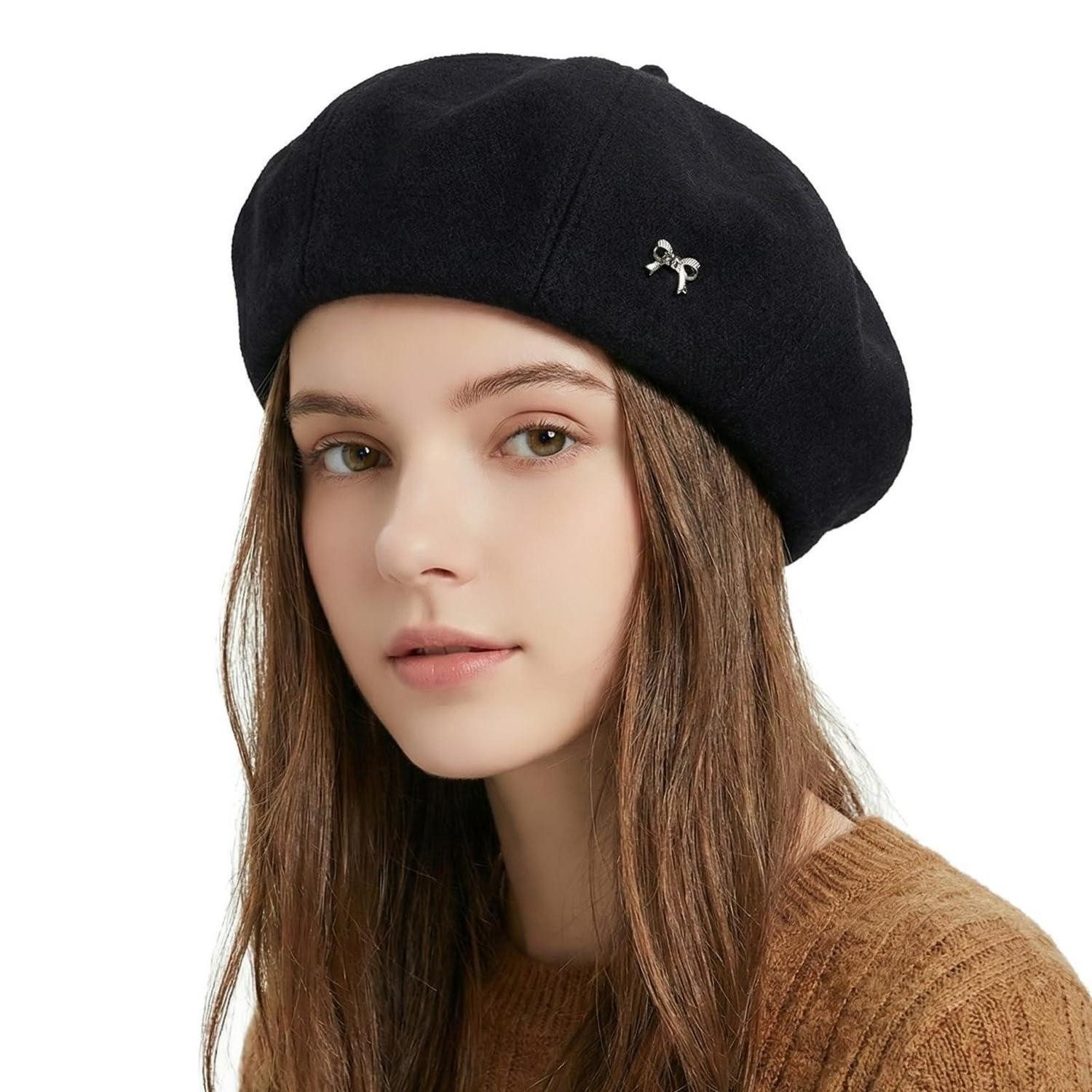 LuxusKollektion Baskenmütze Baskenmütze Damen achteckig Barett Malermütze Künstler 56-58 Schwarz